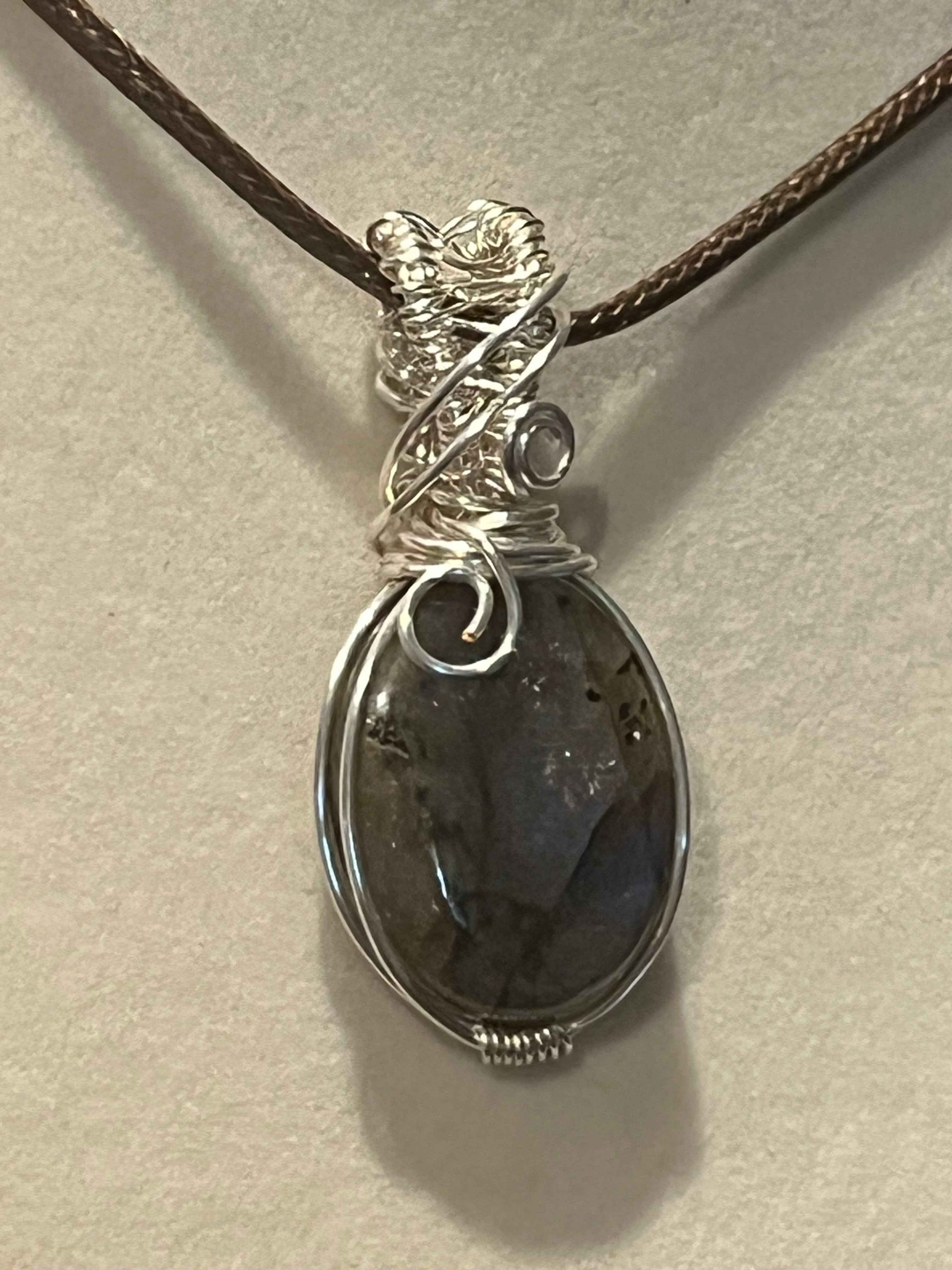 Blue flash Labradorite silver-tone copper wire-wrapped pendant