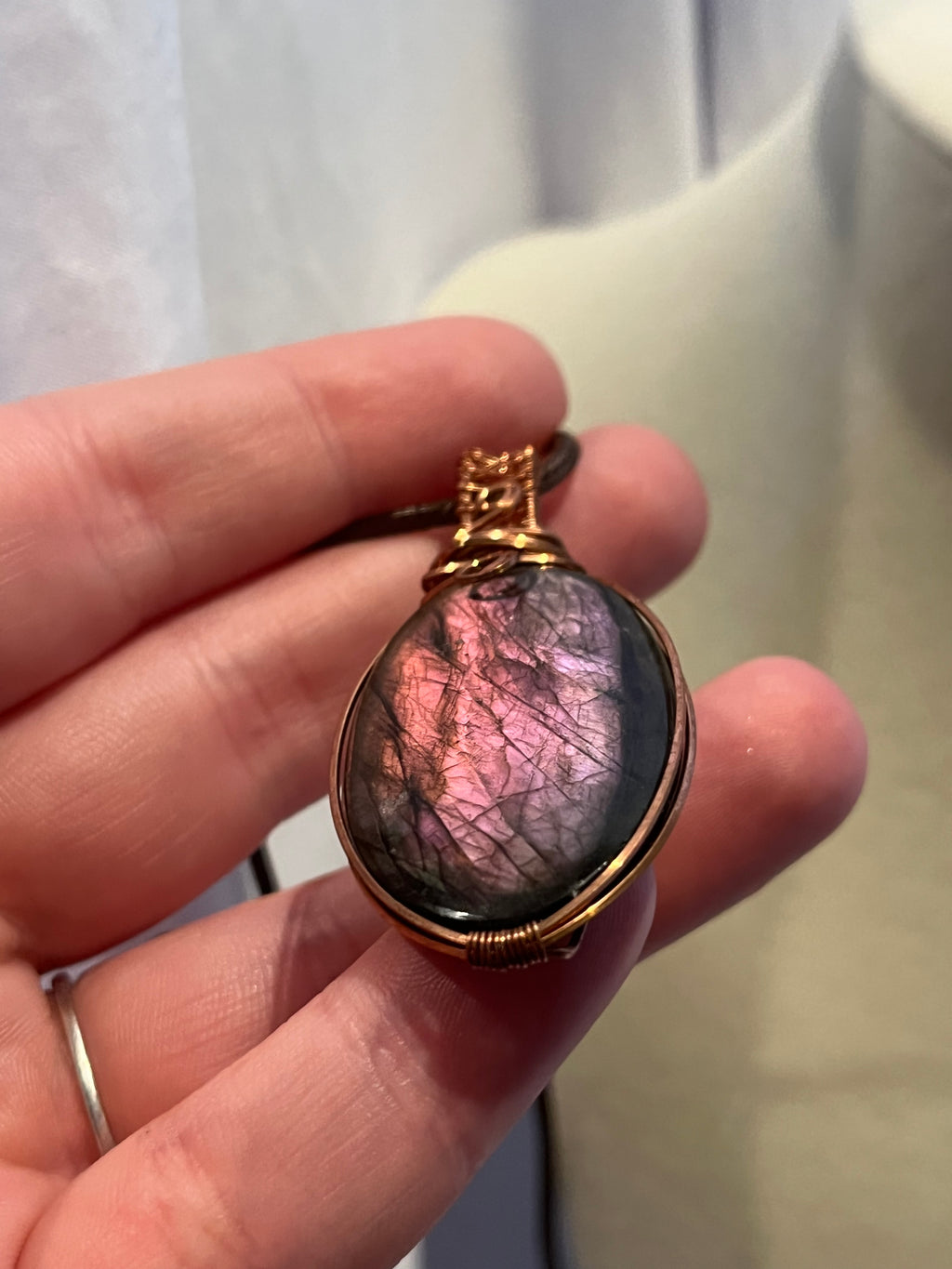 Purple flash Labradorite copper wire-wrapped pendant