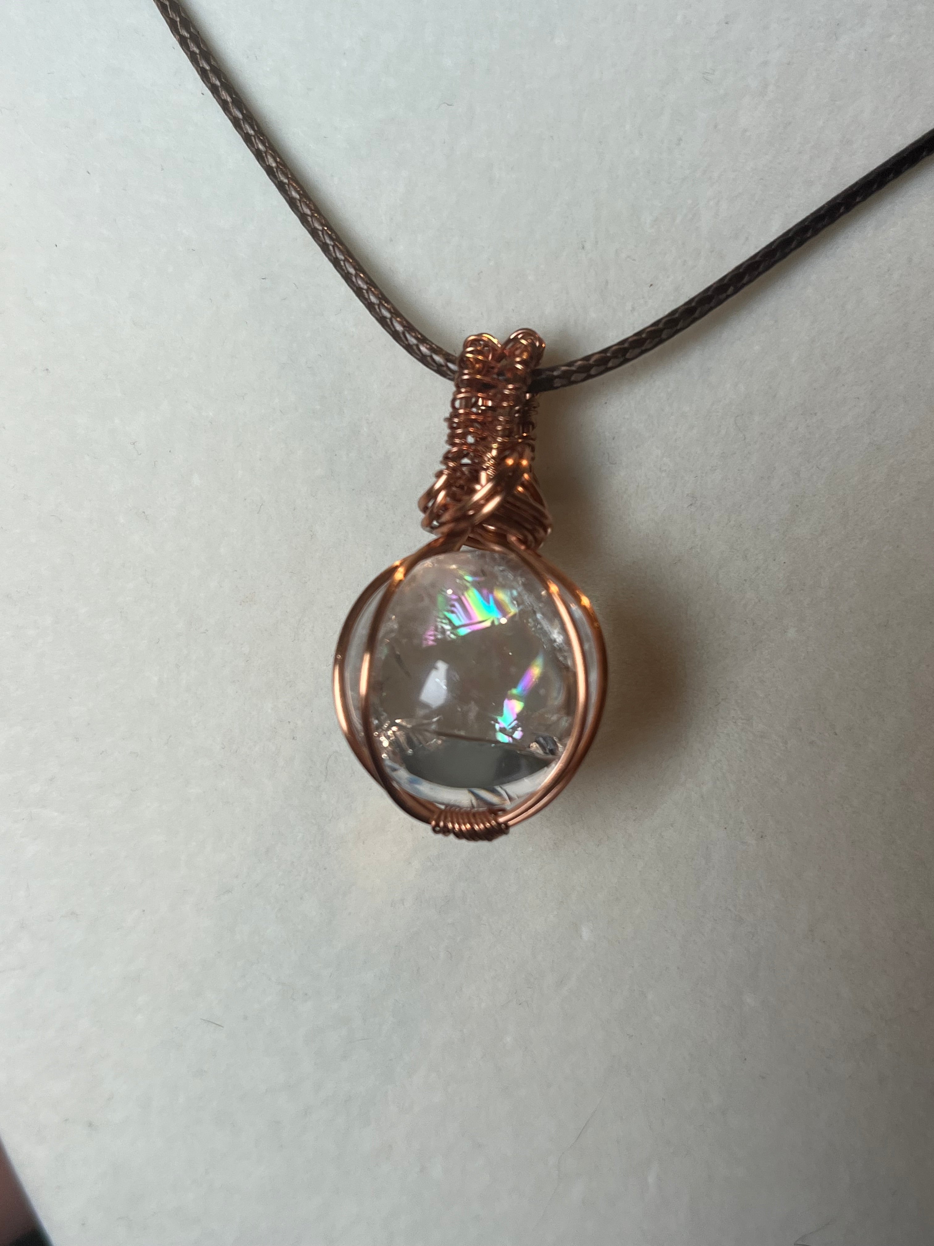 Clear Quartz sphere copper wire-wrapped pendant