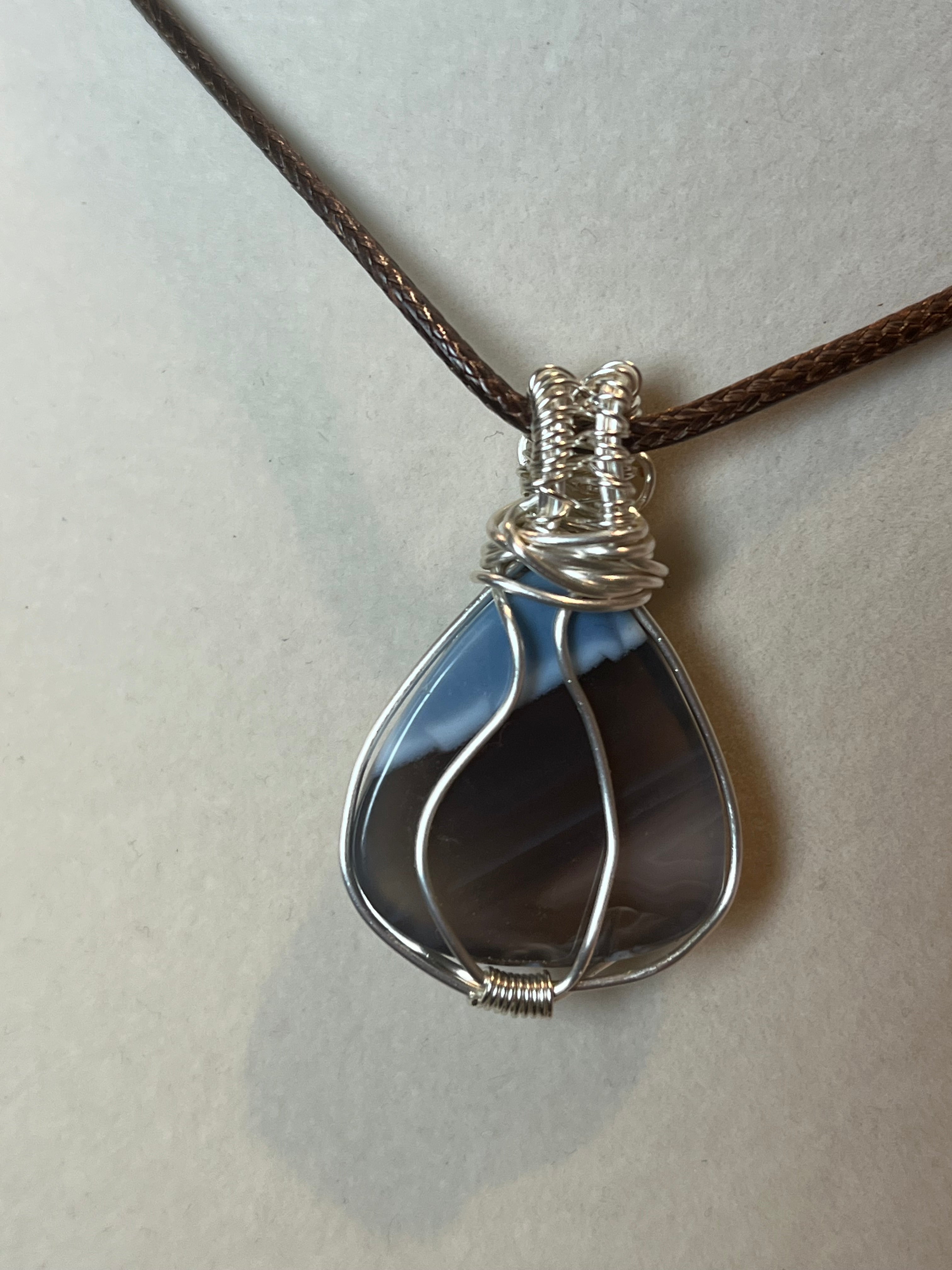 Blue Opal silver-tone copper wire-wrapped pendant