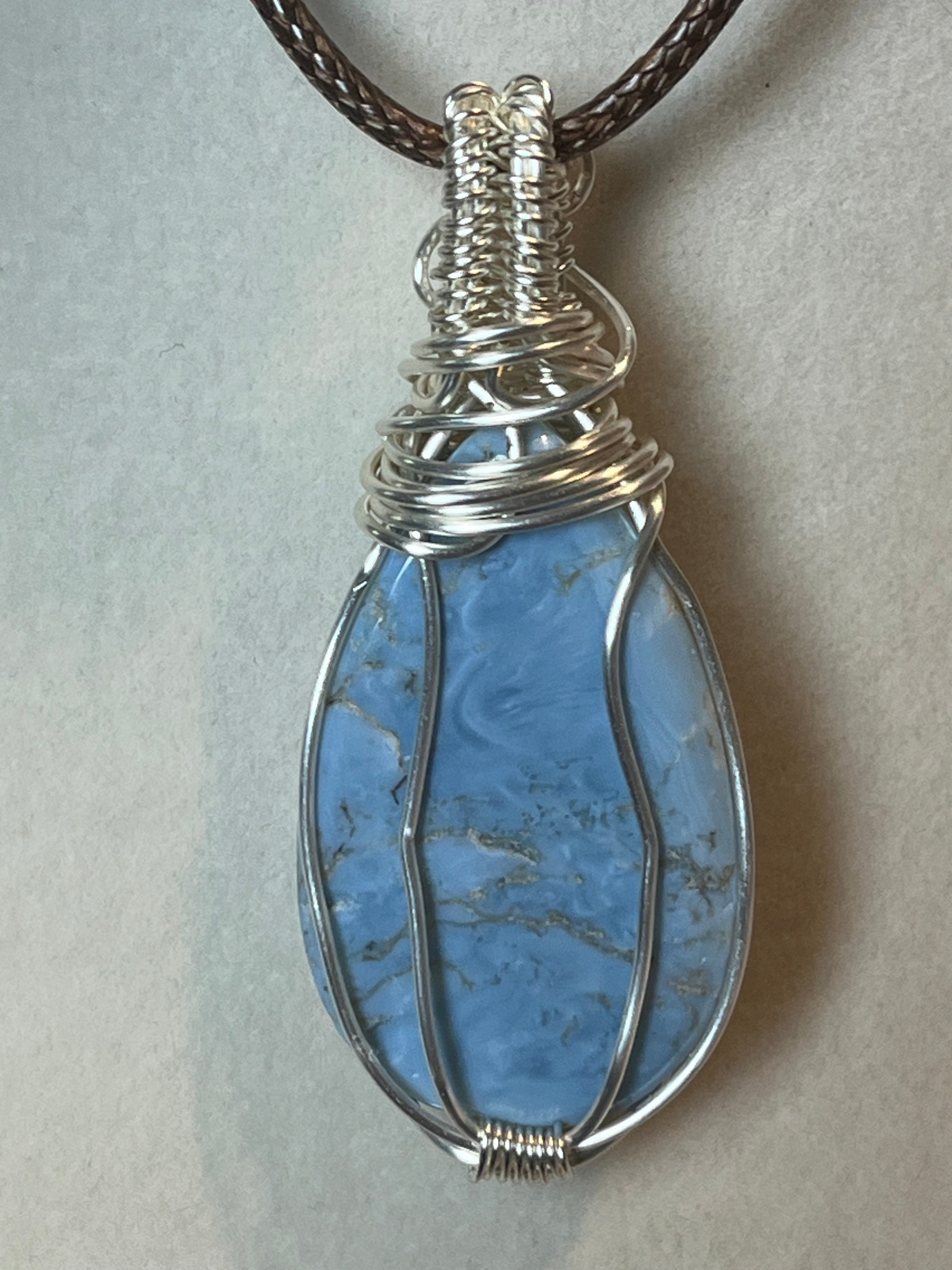 Blue Opal silver-tone coated copper wire-wrapped pendant
