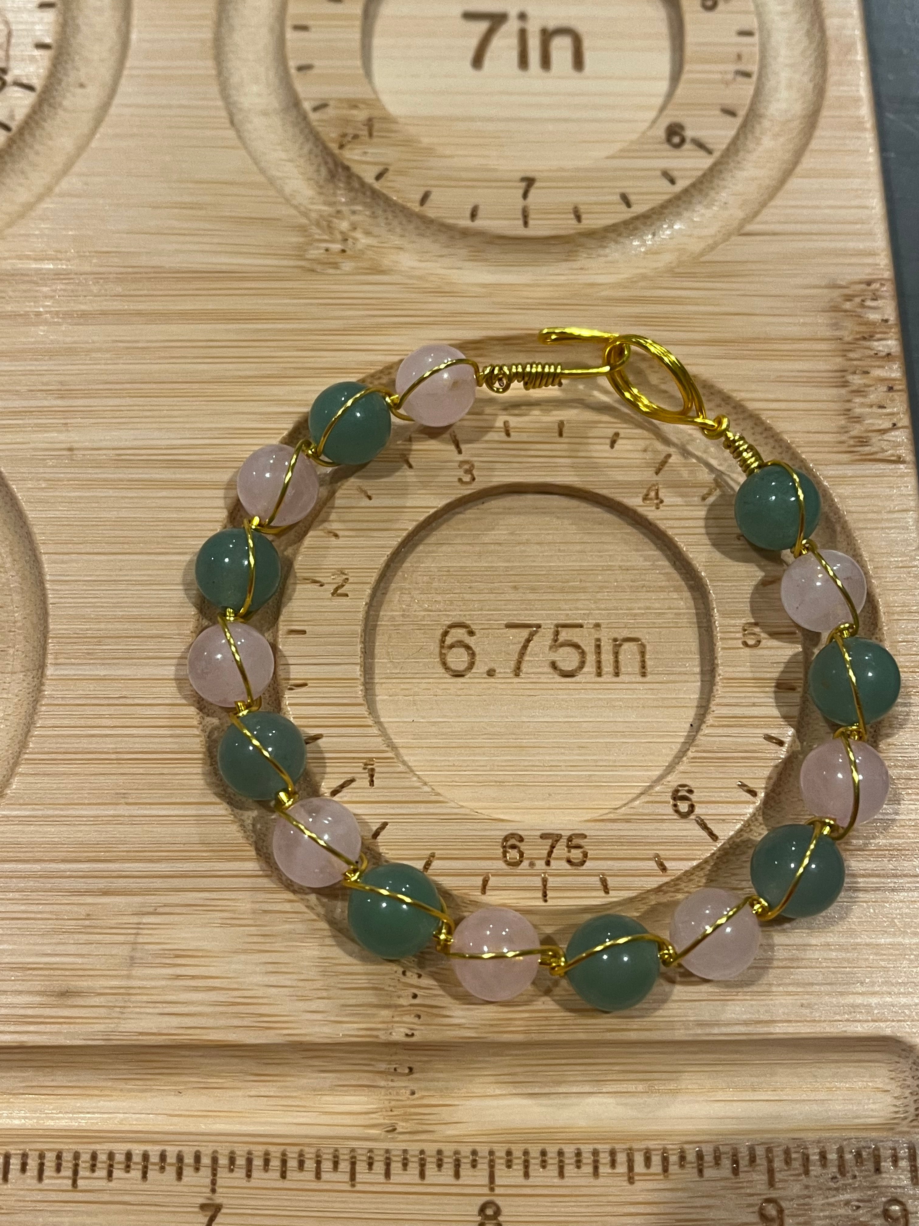 Rose Quartz & Green Aventurine 6.75 inch gold-tone copper wire wrapped bracelet