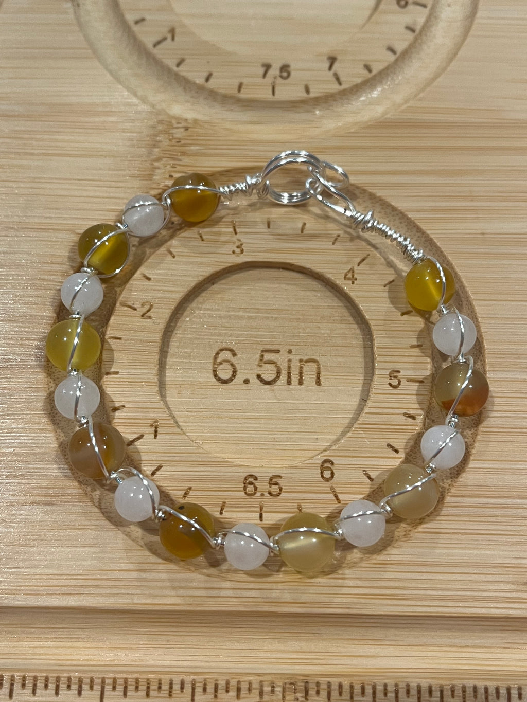 Amber & White Jade 6.5 inch silver-tone copper wire-wrapped bracelet