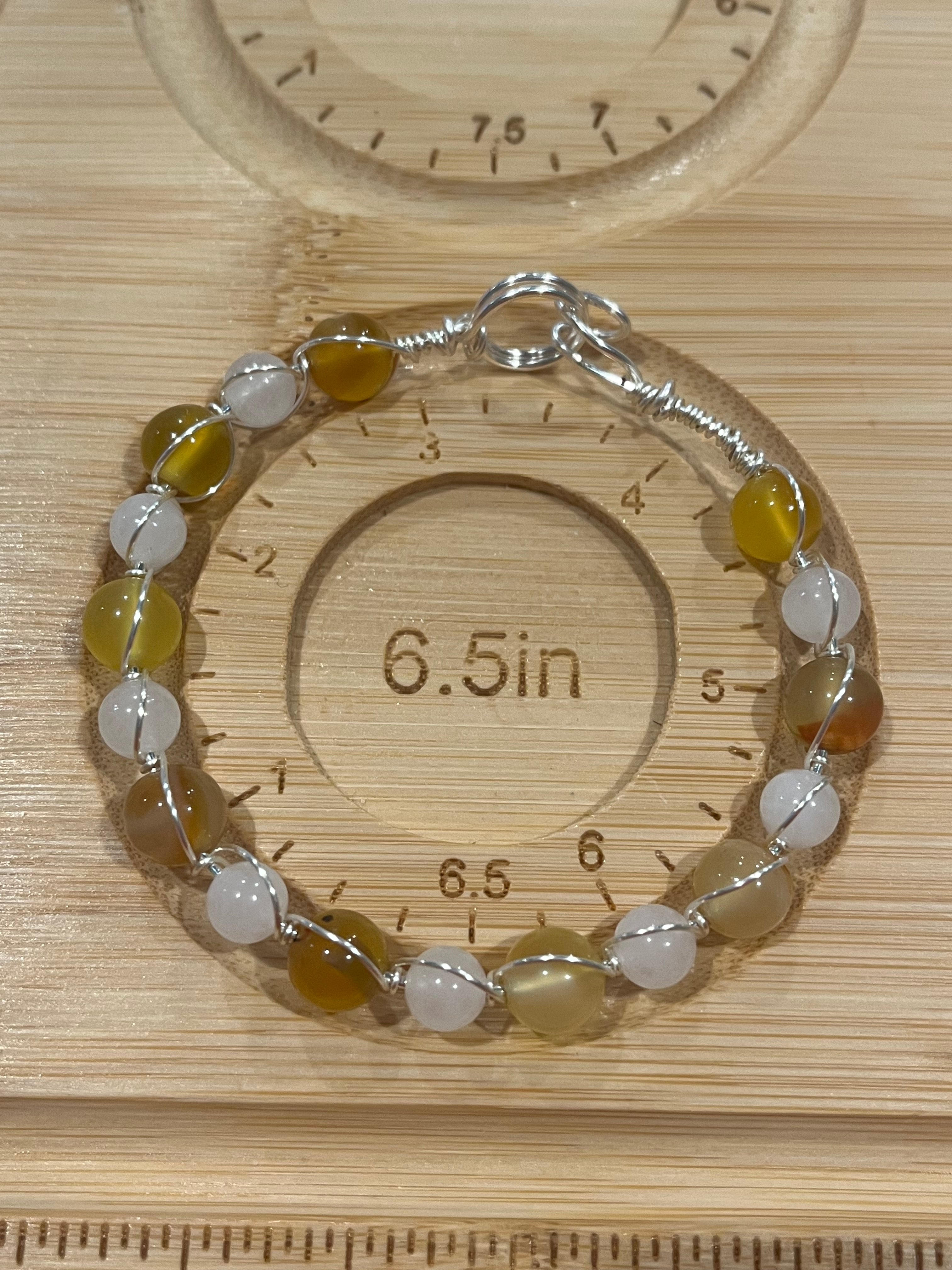 Amber & White Jade 6.5 inch silver-tone copper wire-wrapped bracelet