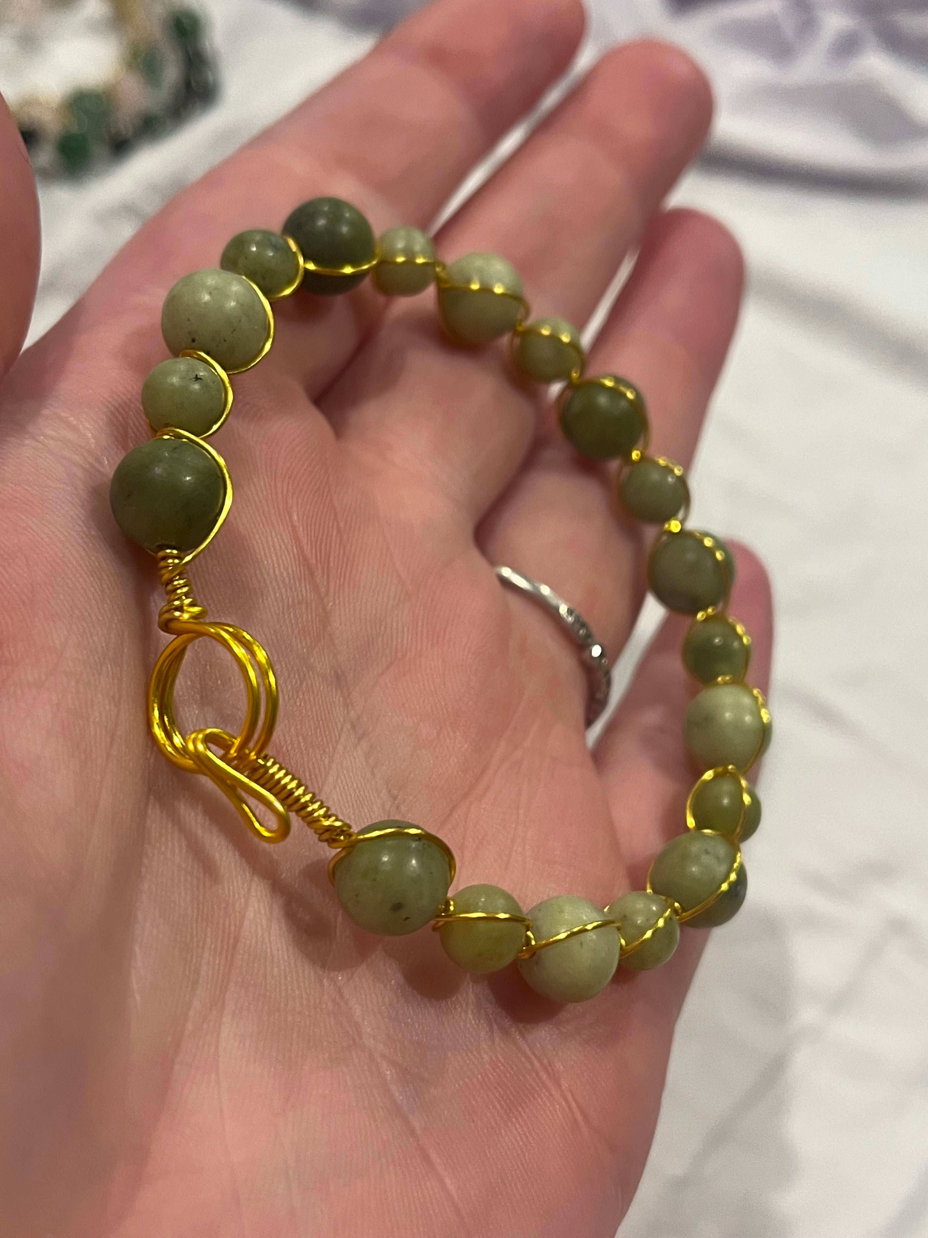 Chinese Jade 6.75 inch gold-tone copper wire wrapped bracelet