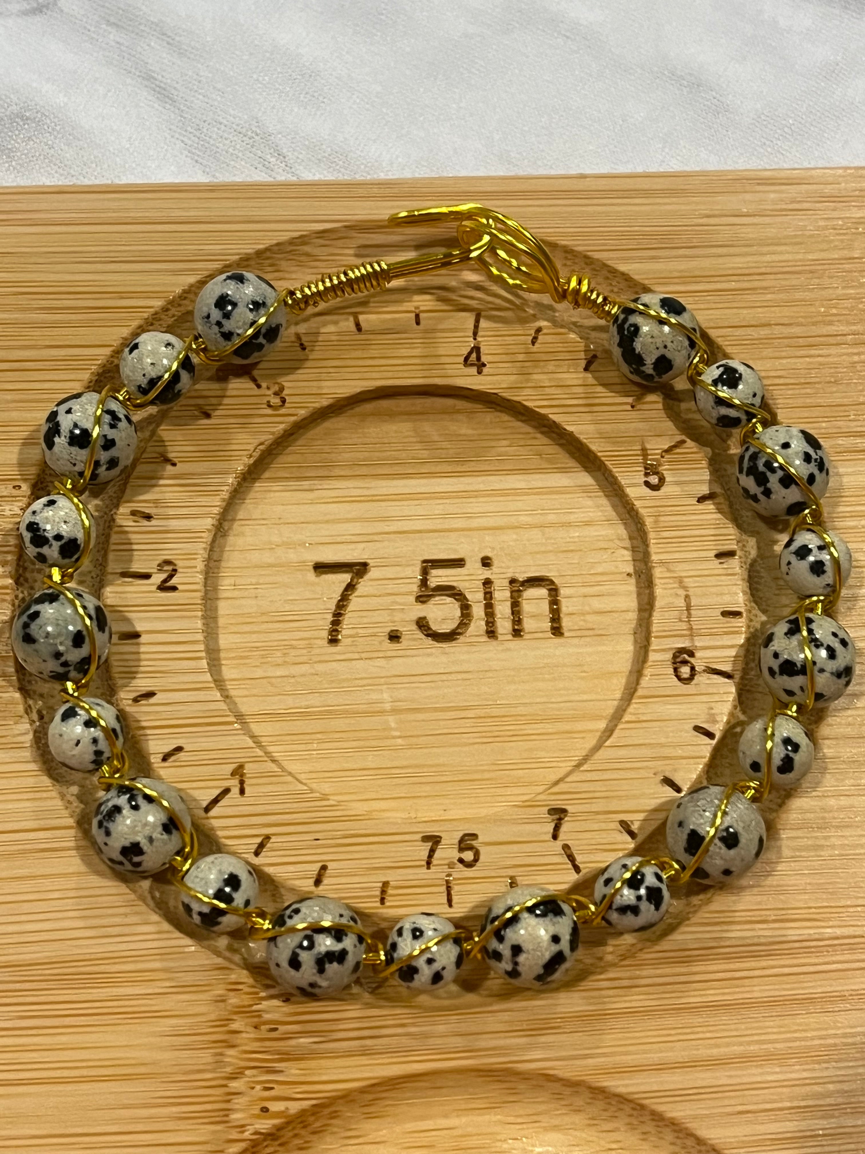 Dalmatian Jasper 7.5 inch gold-tone copper wire wrapped bracelet