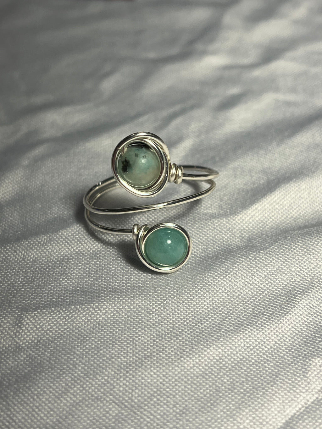 Kiwi Jasper & Amazonite size 10 silver-tone copper wire-wrapped ring