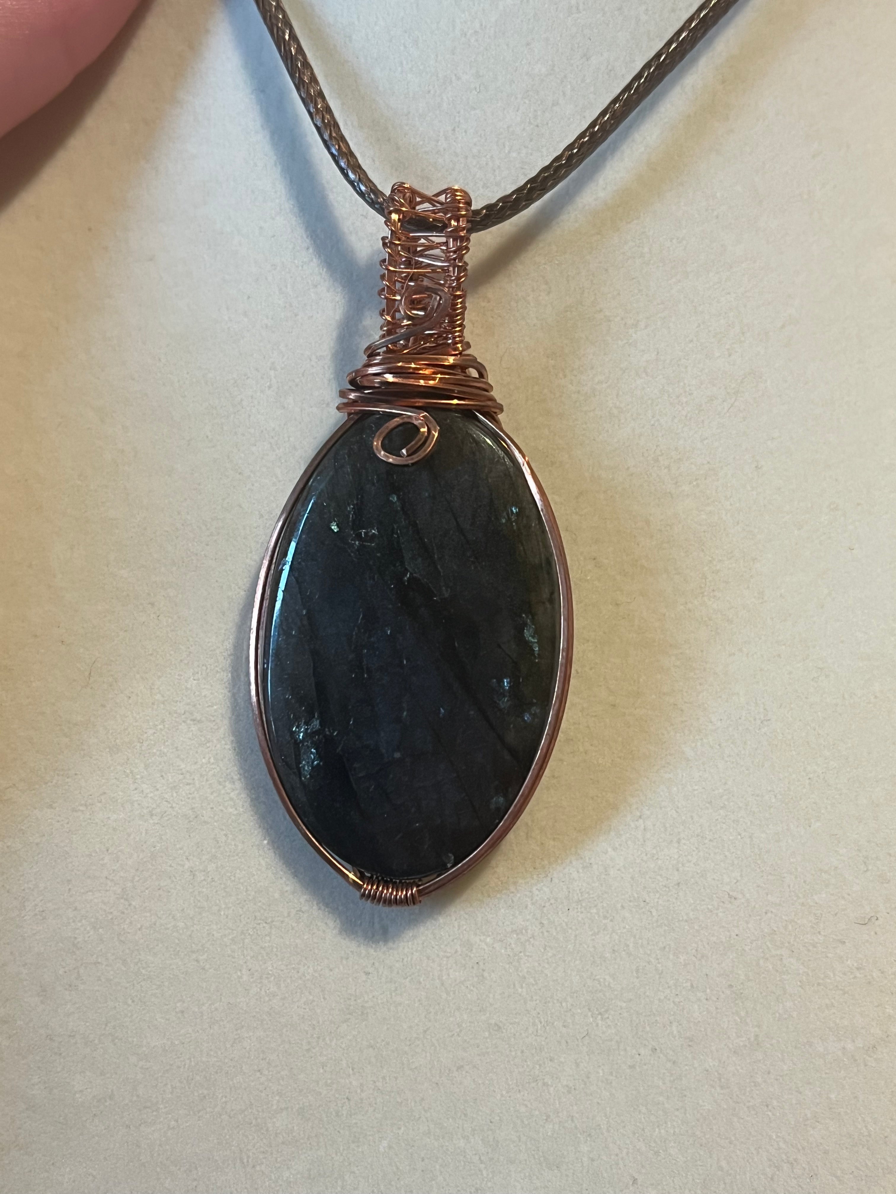 Purple flash Labradorite copper wire-wrapped pendant