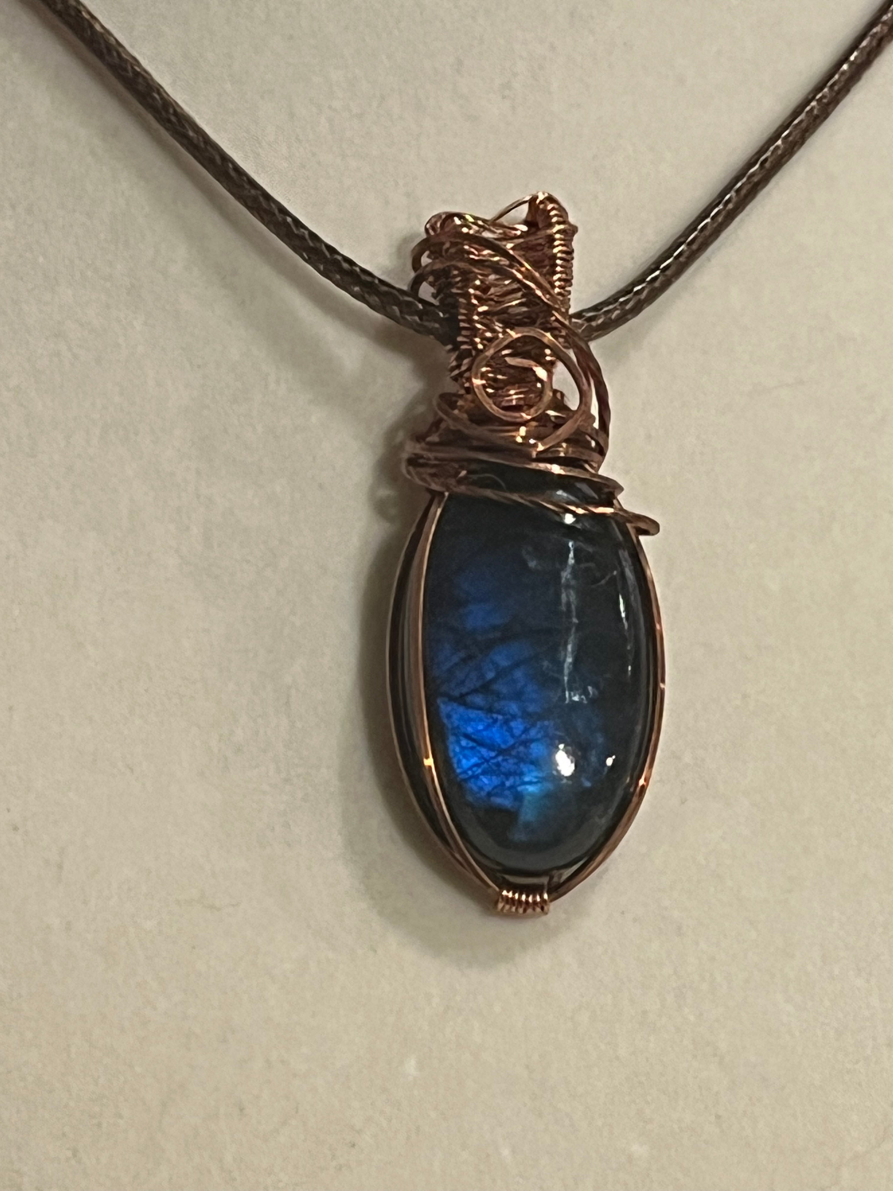 Blue flash Labradorite copper wire-wrapped pendant