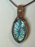 Green & blue flash Labradorite flower carving & Peridot copper wire-wrapped pendant