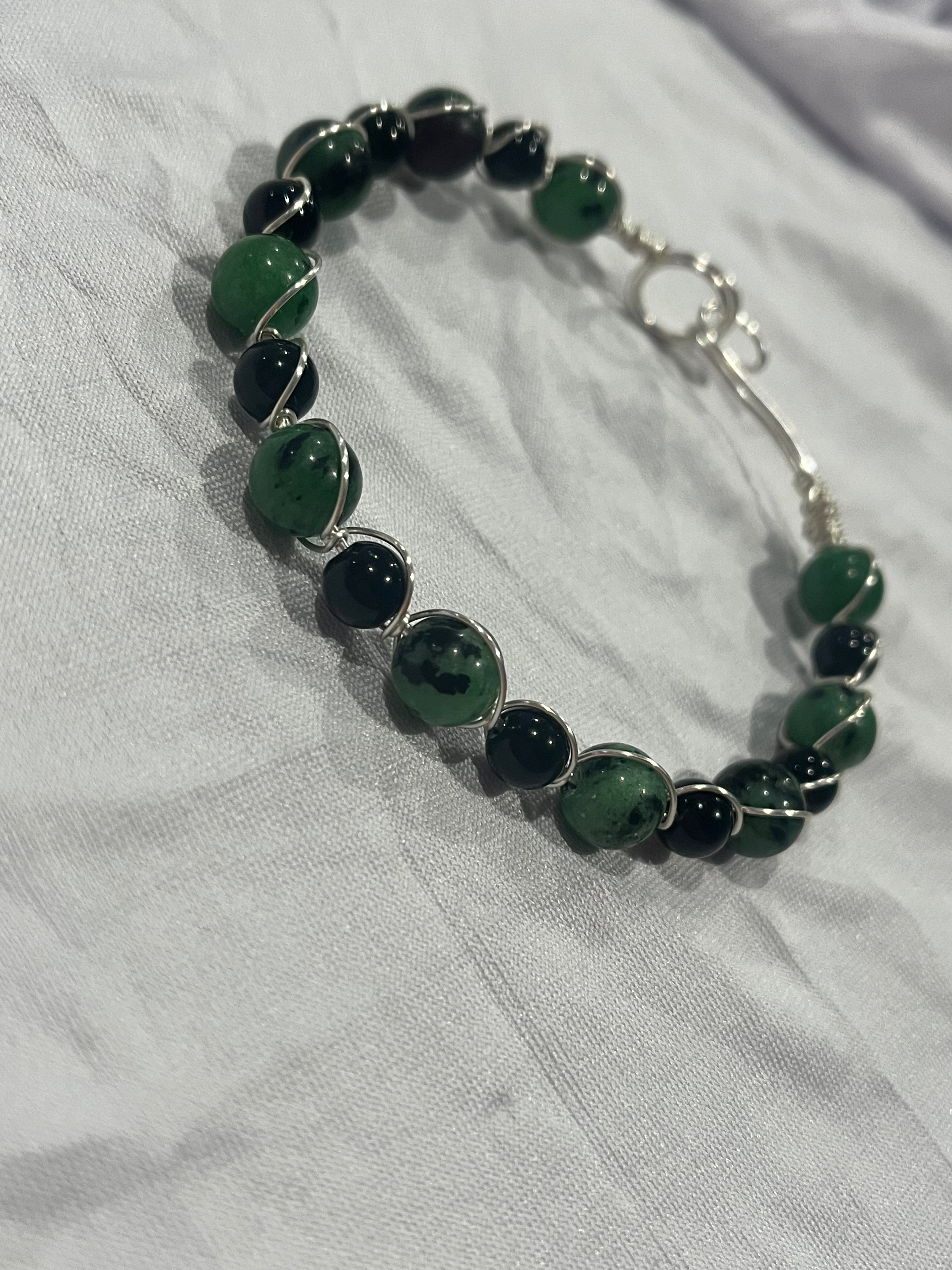 Zoisite & Obsidian 7.5 inch silver-tone copper wire-wrapped bracelet