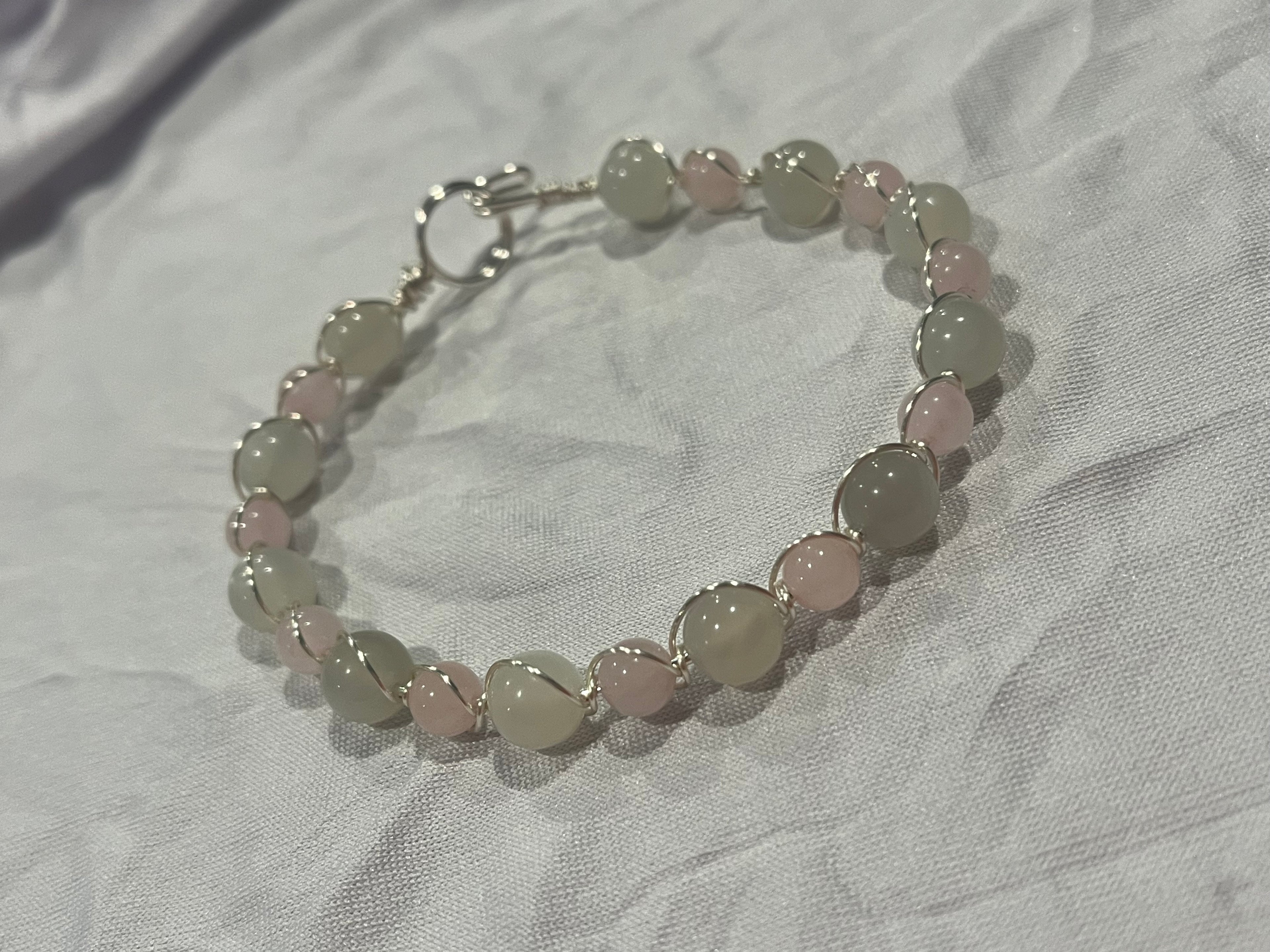 Moonstone & Rose Quartz 7 inch silver-tone copper wire-wrapped bracelet