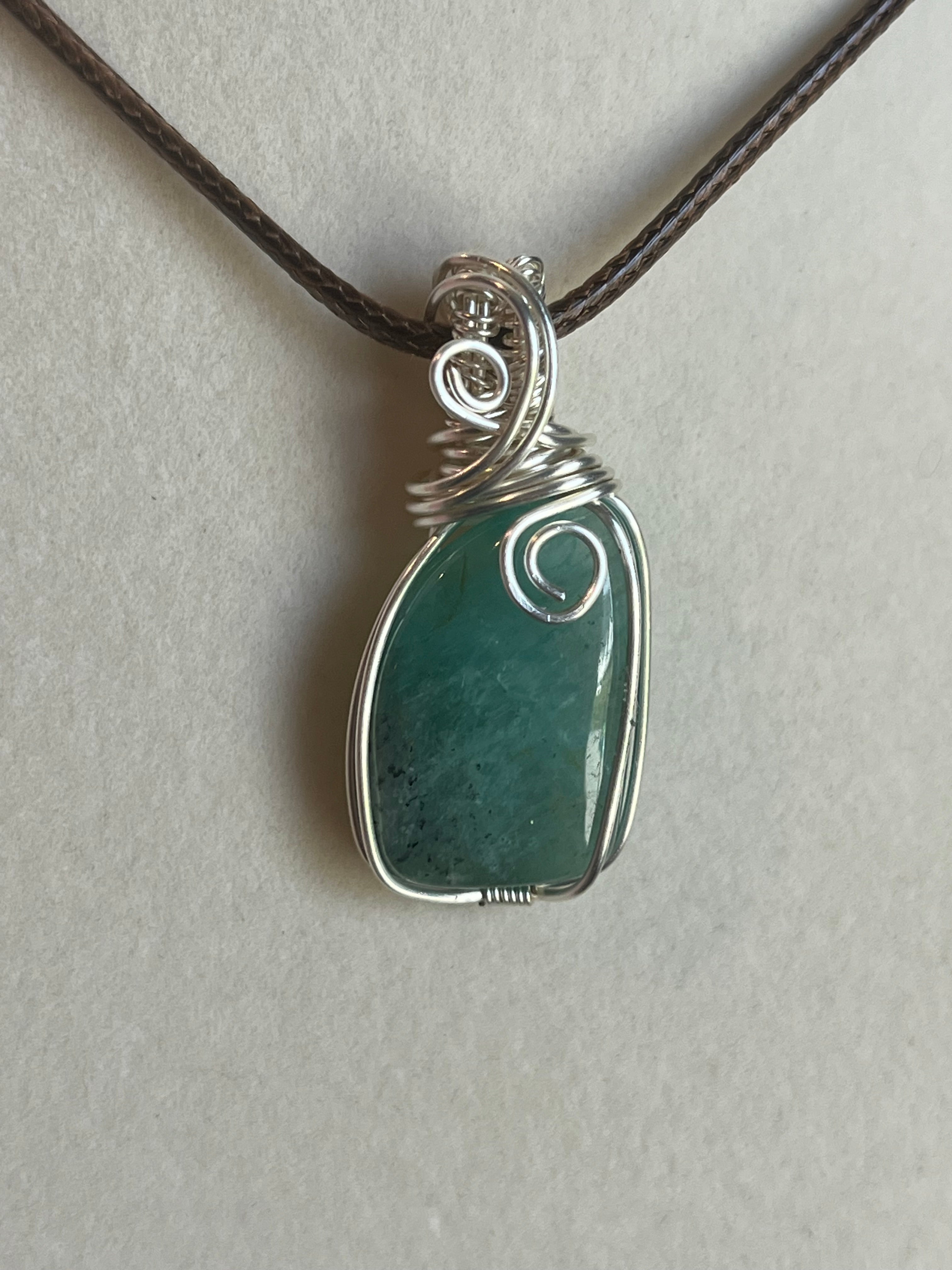 Amazonite silver-tone coated copper wire-wrapped pendant