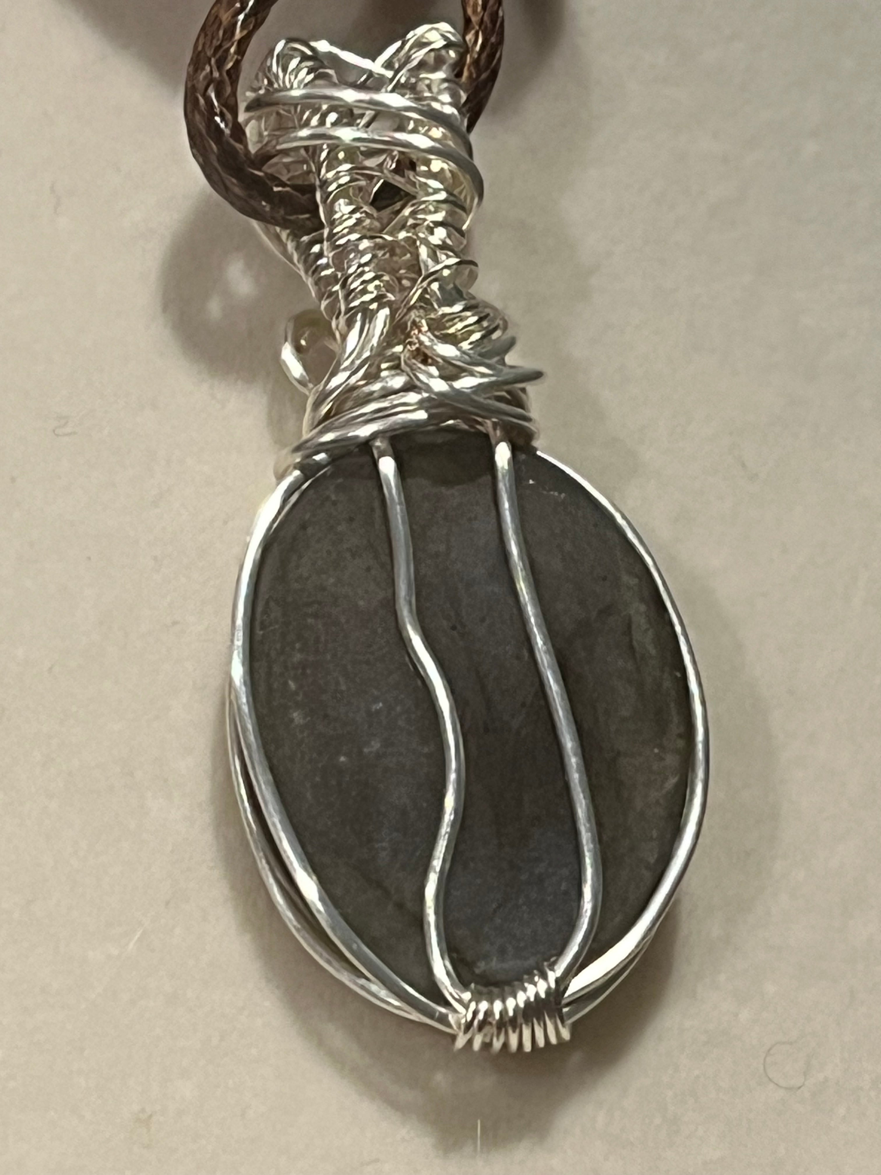 Blue flash Labradorite silver-tone copper wire-wrapped pendant