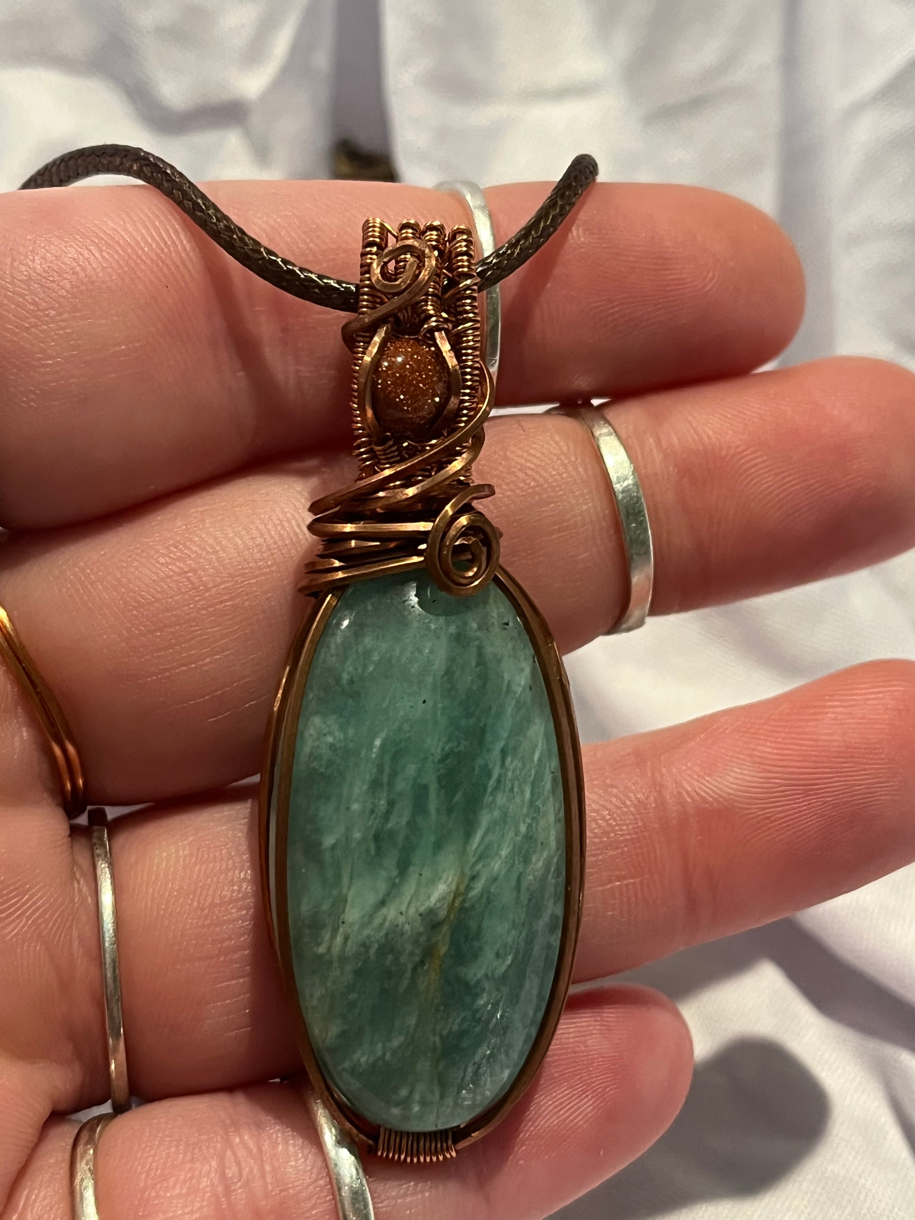 Amazonite & Sunstone copper wire-wrapped pendant