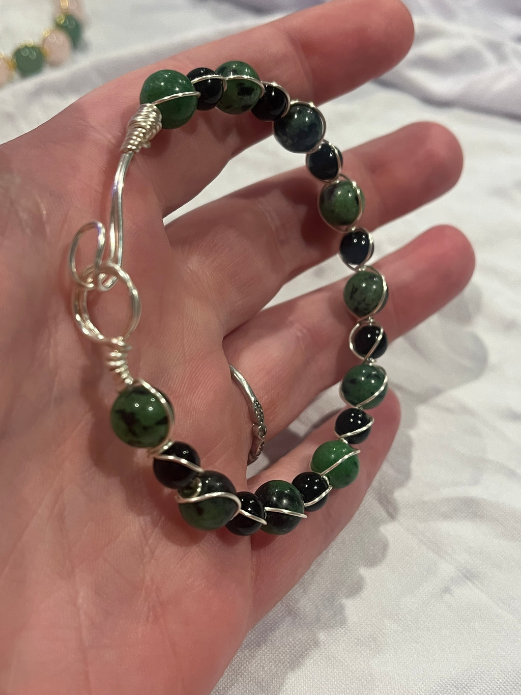 Zoisite & Obsidian 7.5 inch silver-tone copper wire-wrapped bracelet