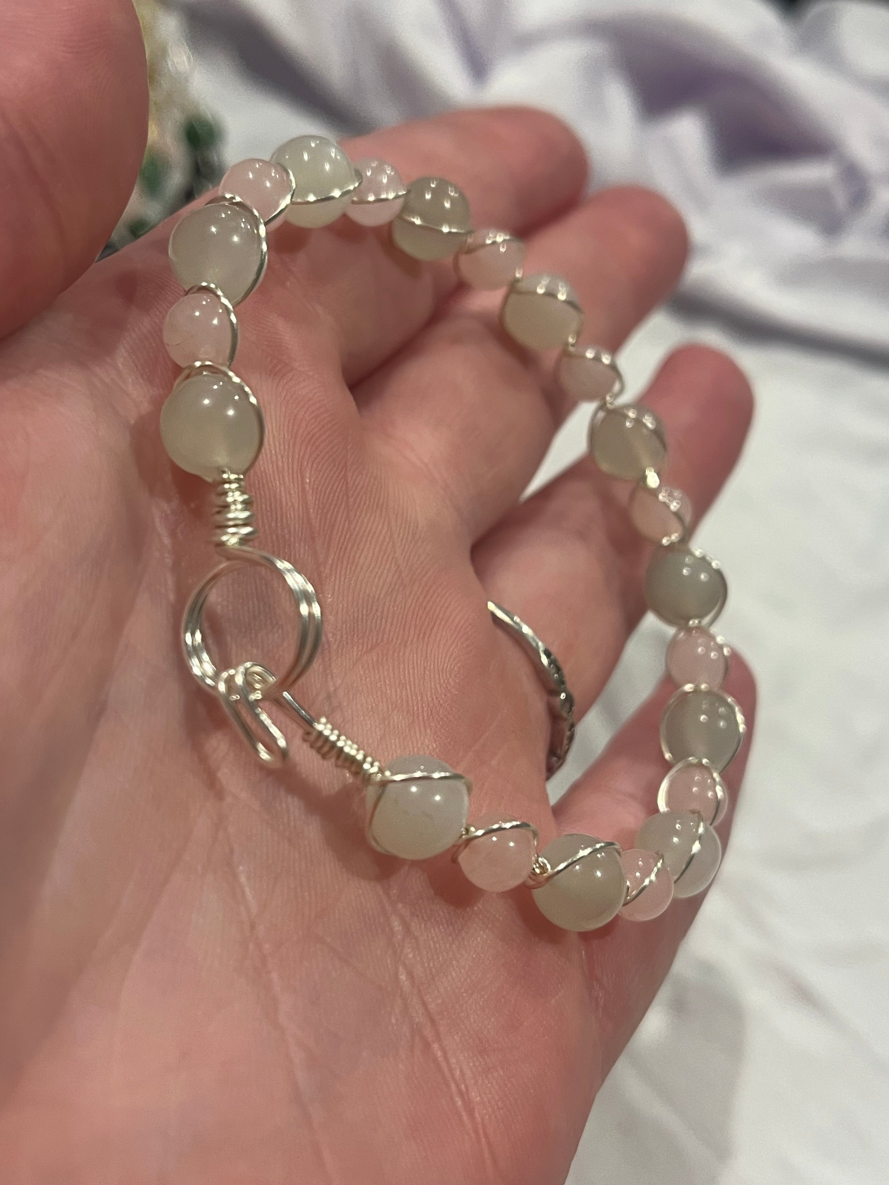 Moonstone & Rose Quartz 7 inch silver-tone copper wire-wrapped bracelet