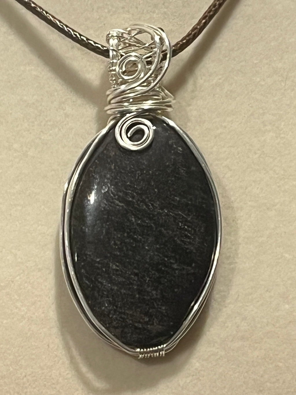 Silver Sheen Obsidian silver-tone copper wire-wrapped pendant