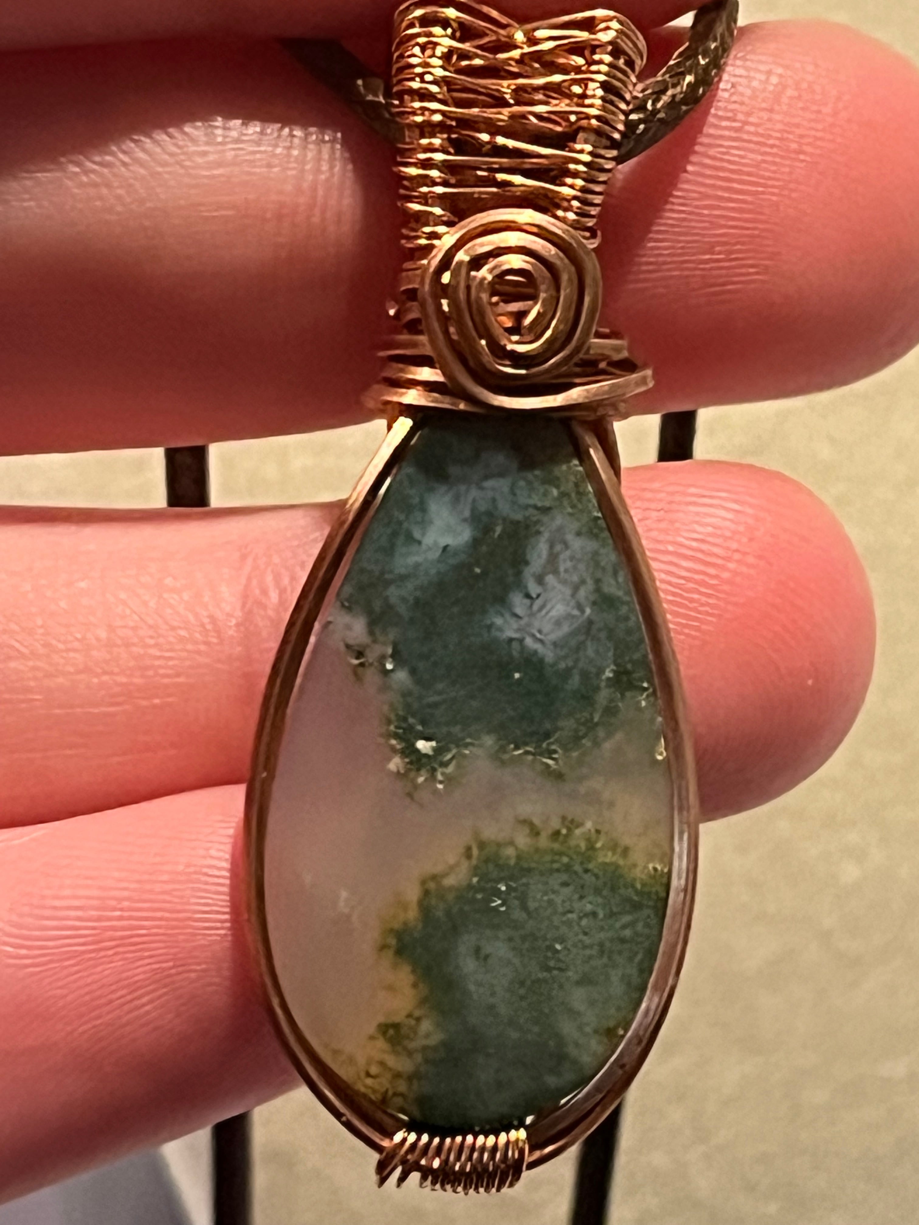 Moss Agate copper wire-wrapped pendant