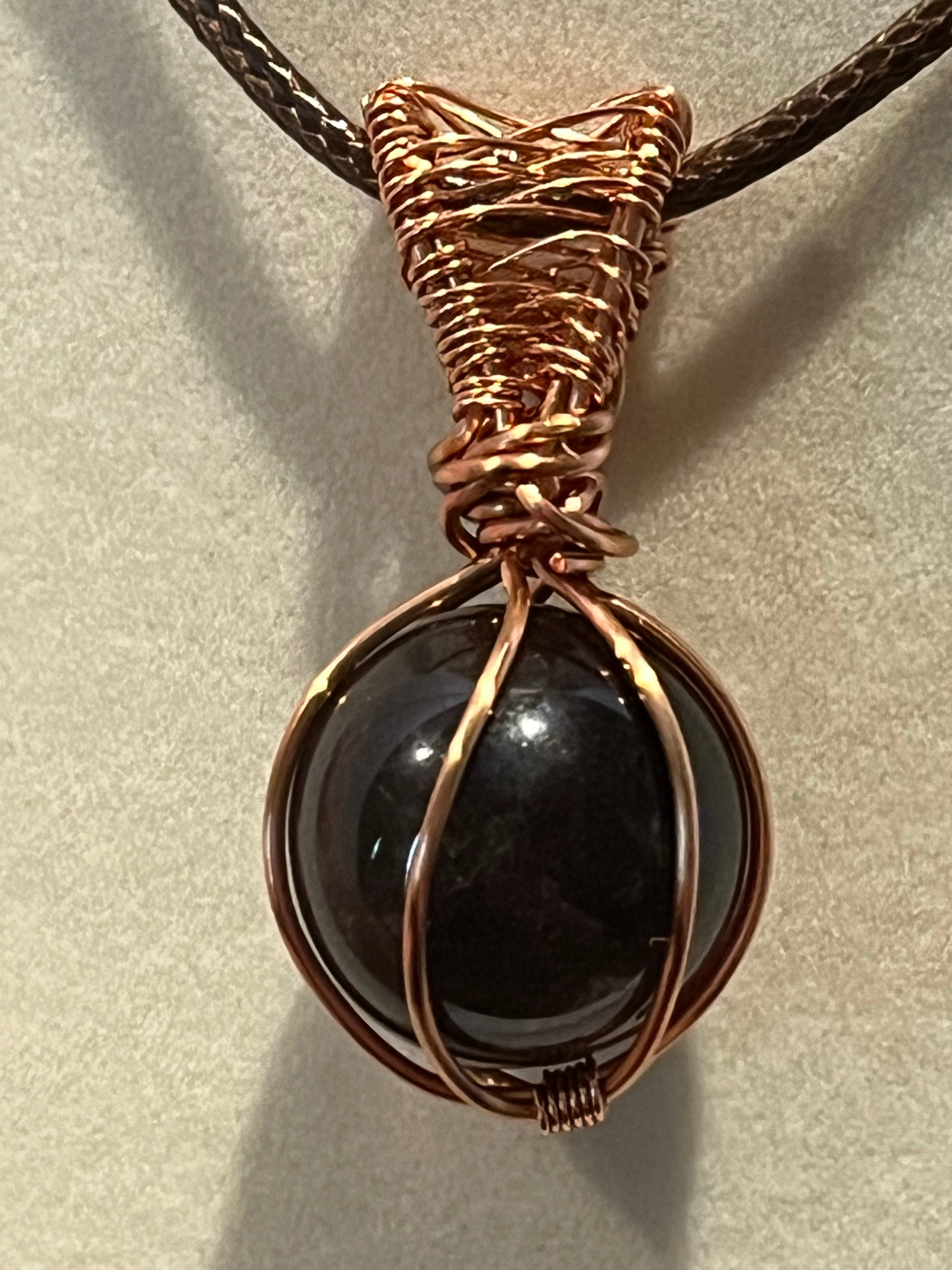 Smoky Quartz sphere copper wire-wrapped pendant