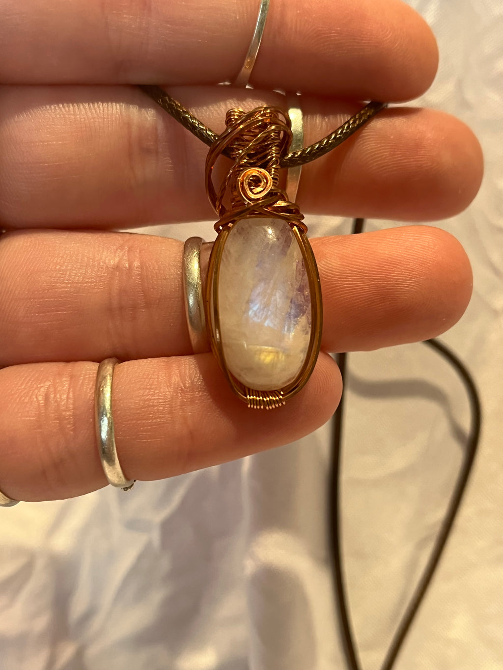 Rainbow Moonstone copper wire-wrapped pendant
