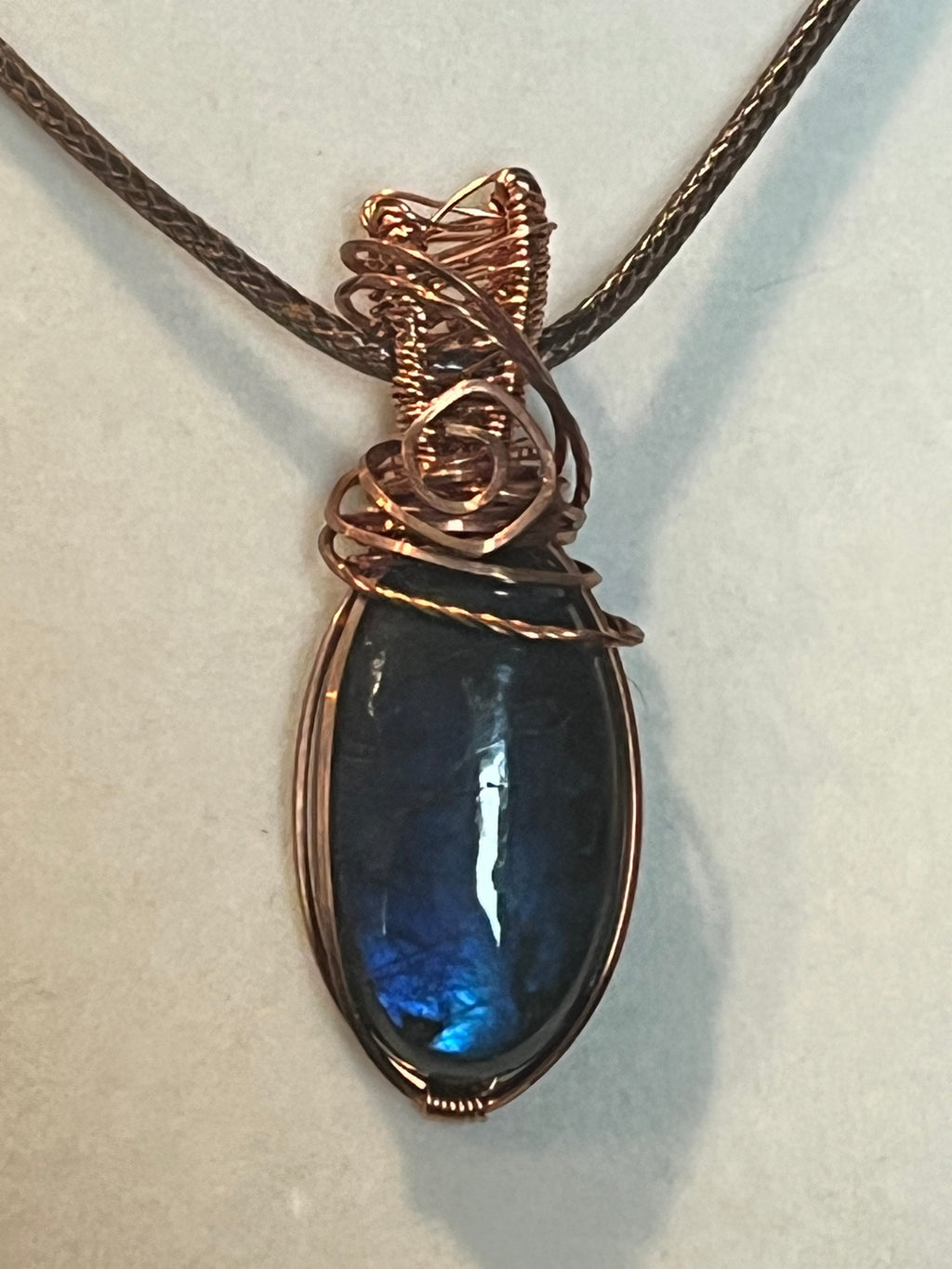 Blue flash Labradorite copper wire-wrapped pendant