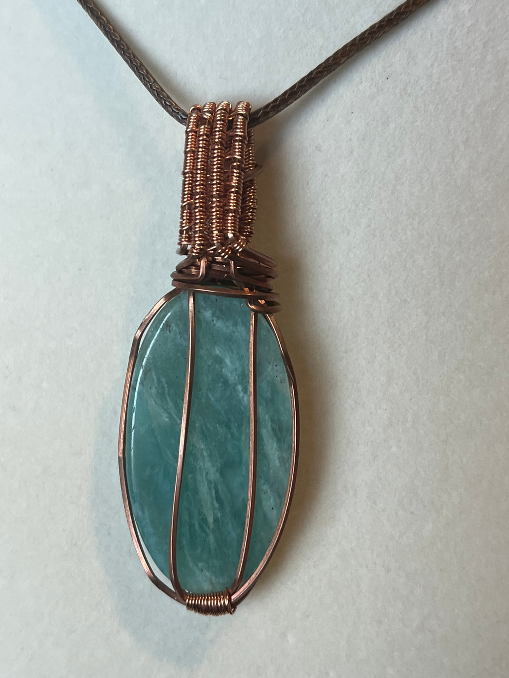 Amazonite & Sunstone copper wire-wrapped pendant