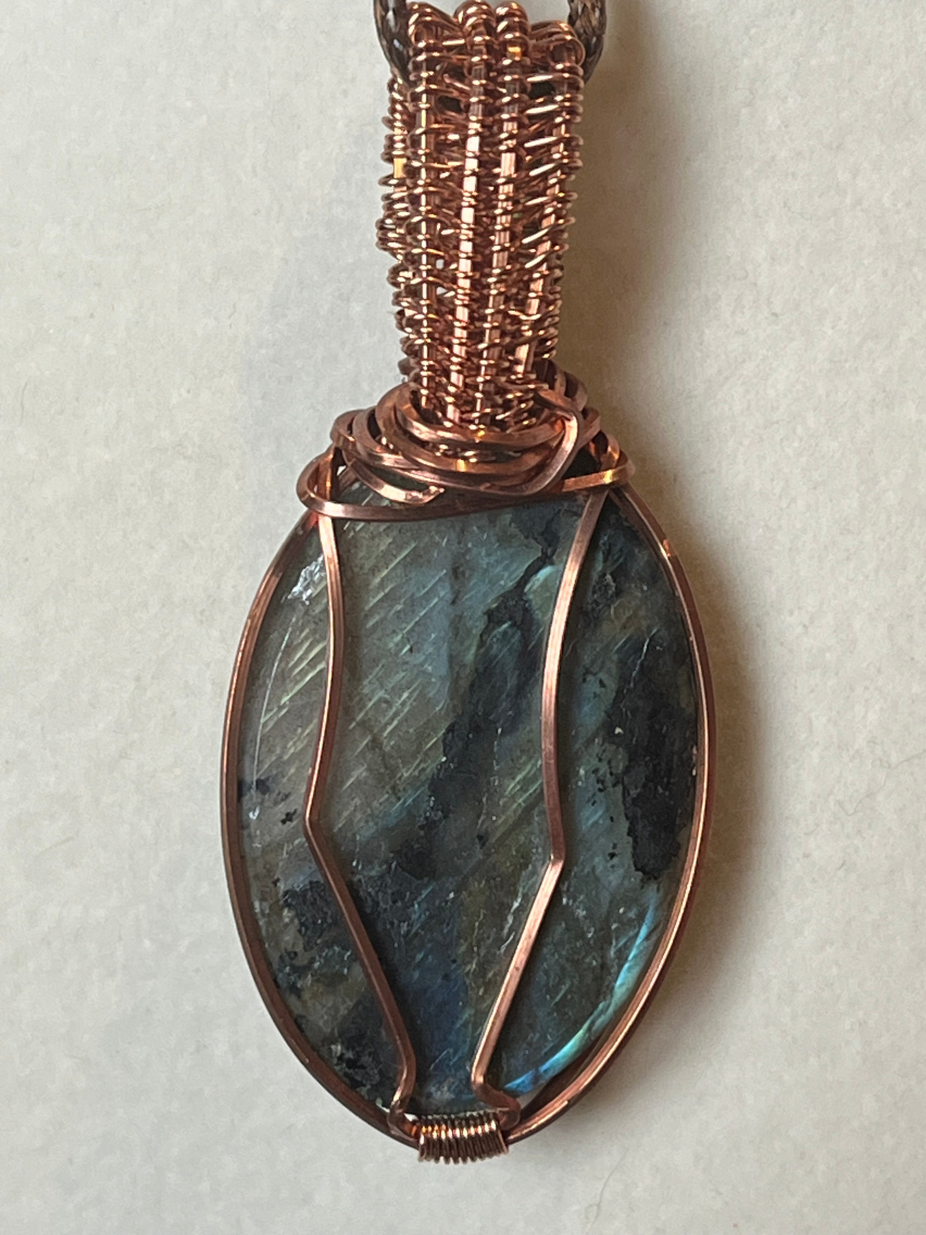 Green & blue flash Labradorite flower carving & Peridot copper wire-wrapped pendant