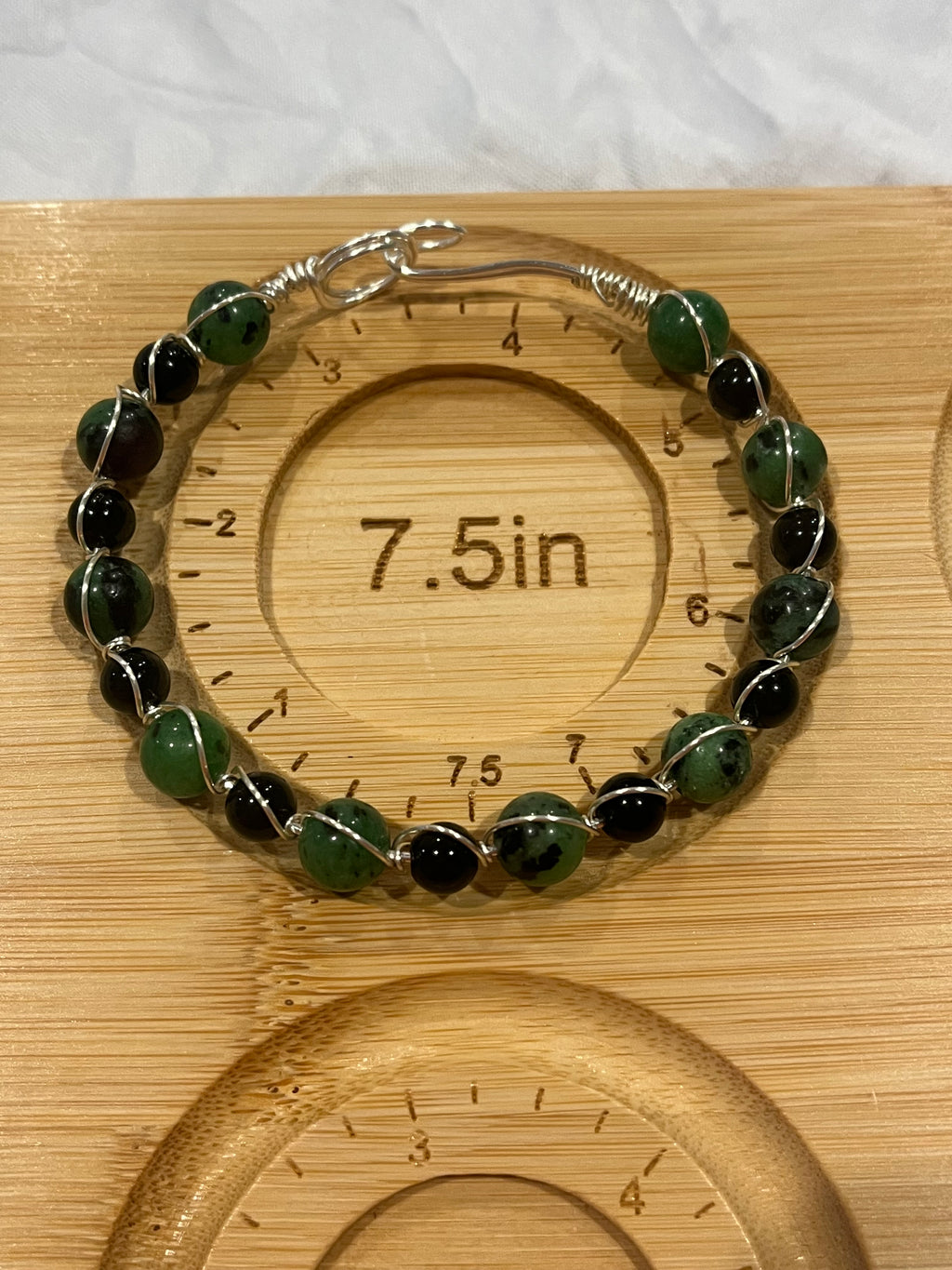 Zoisite & Obsidian 7.5 inch silver-tone copper wire-wrapped bracelet