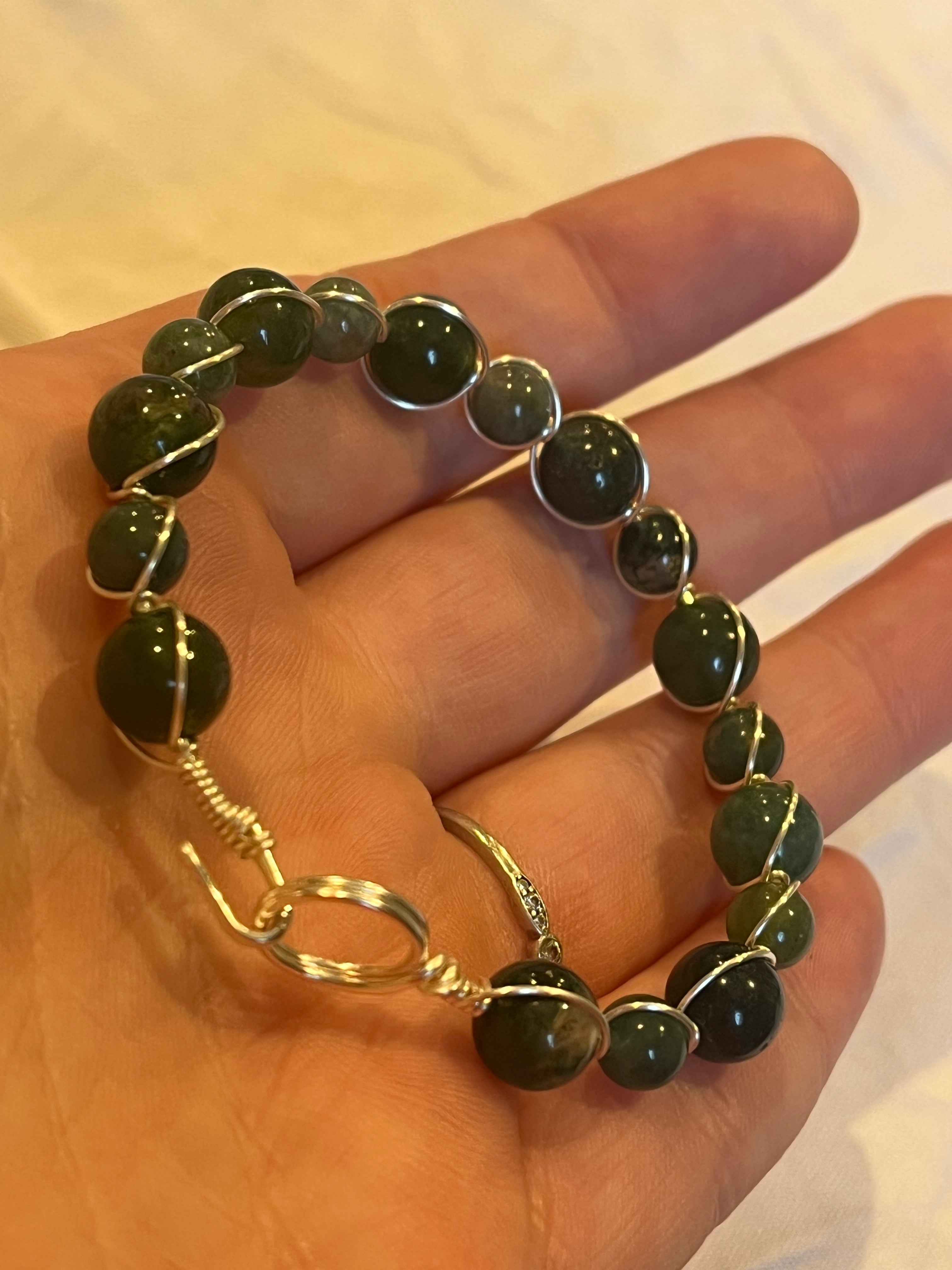 Moss Agate 6 in silver-tone copper wire-wrapped bracelet