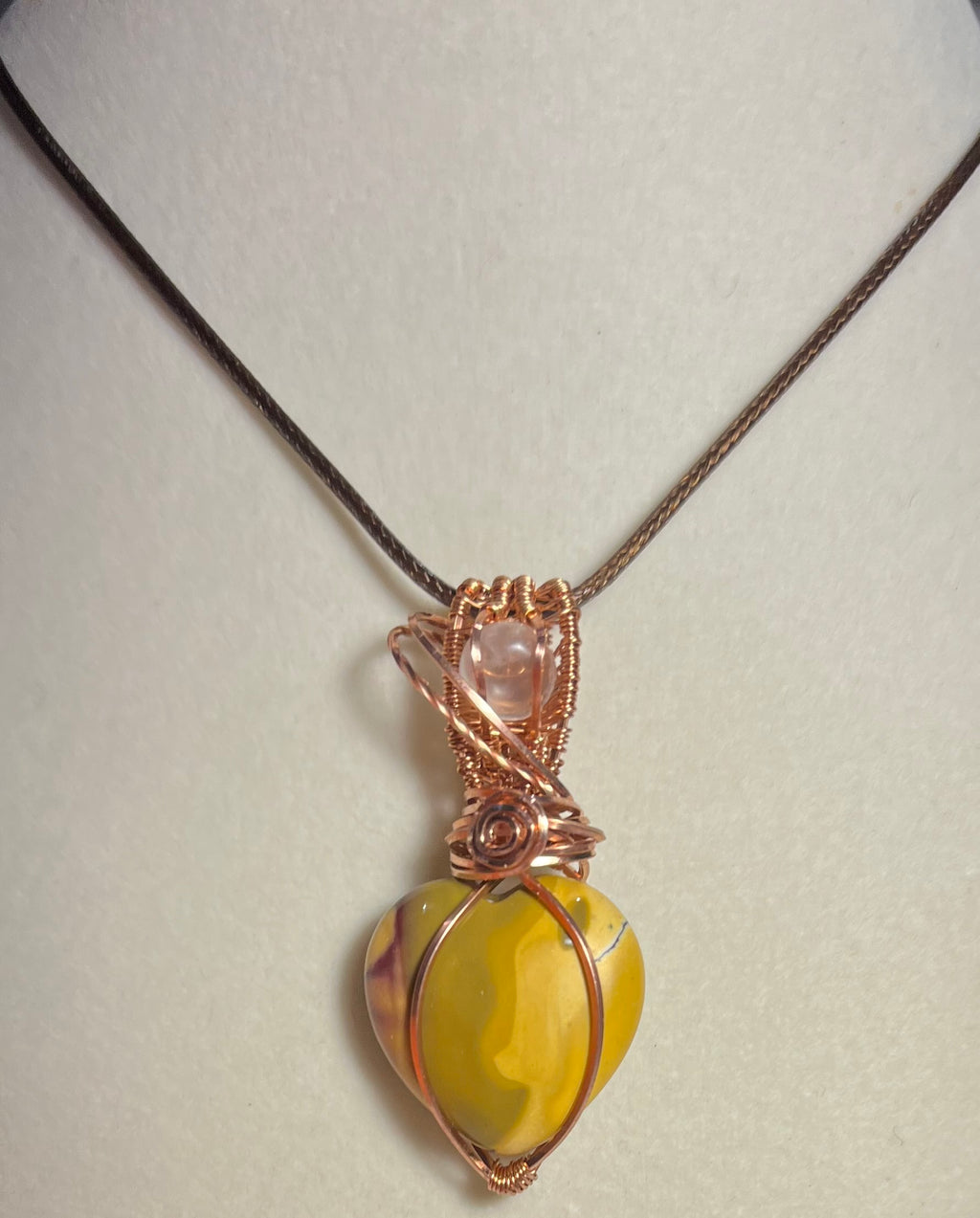 Mookaite heart & Clear Quartz copper wire-wrapped pendant