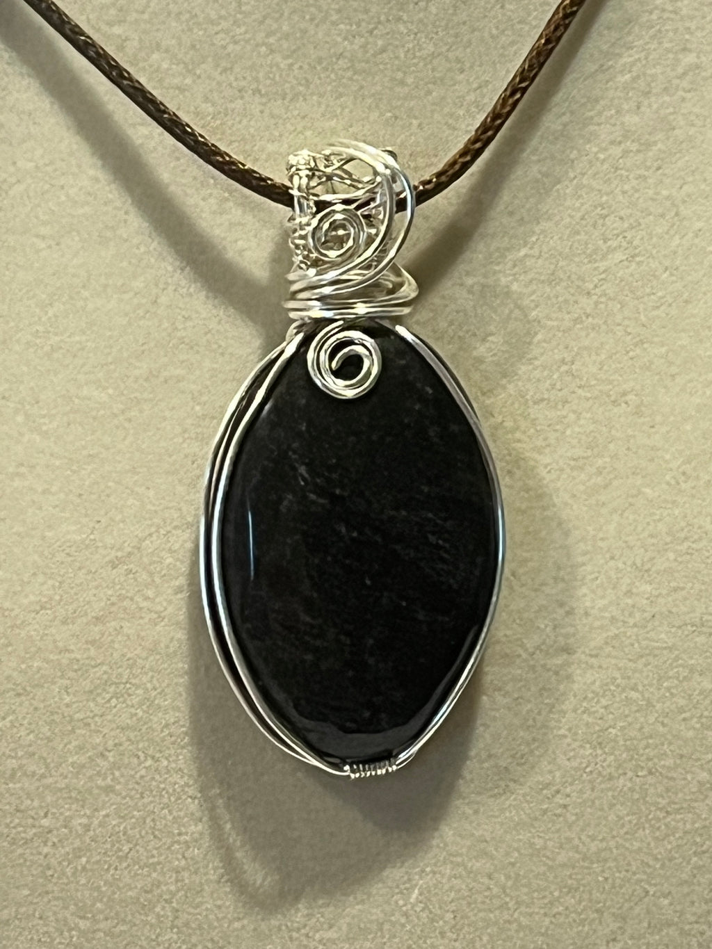 Silver Sheen Obsidian silver-tone copper wire-wrapped pendant