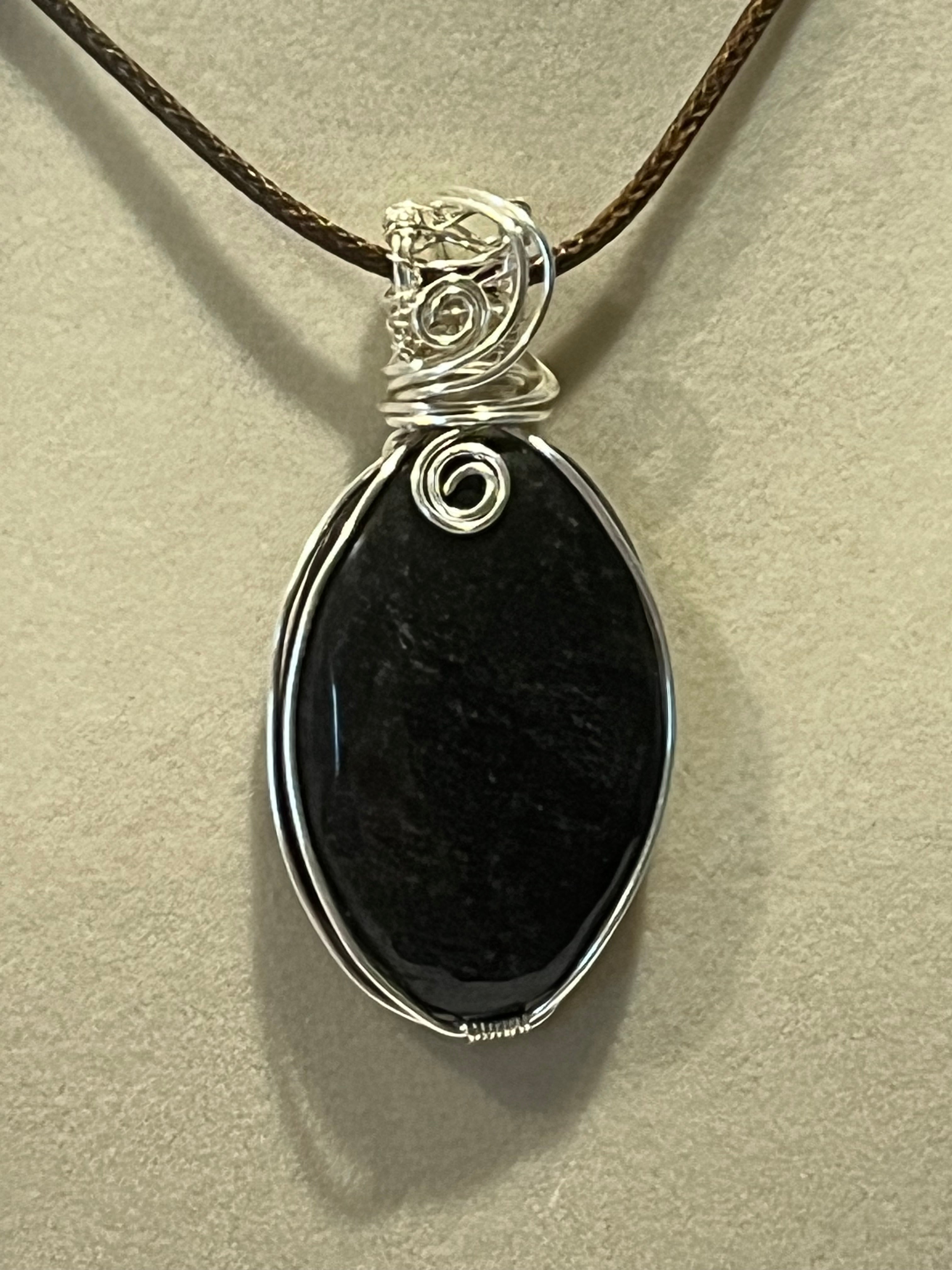 Silver Sheen Obsidian silver-tone copper wire-wrapped pendant