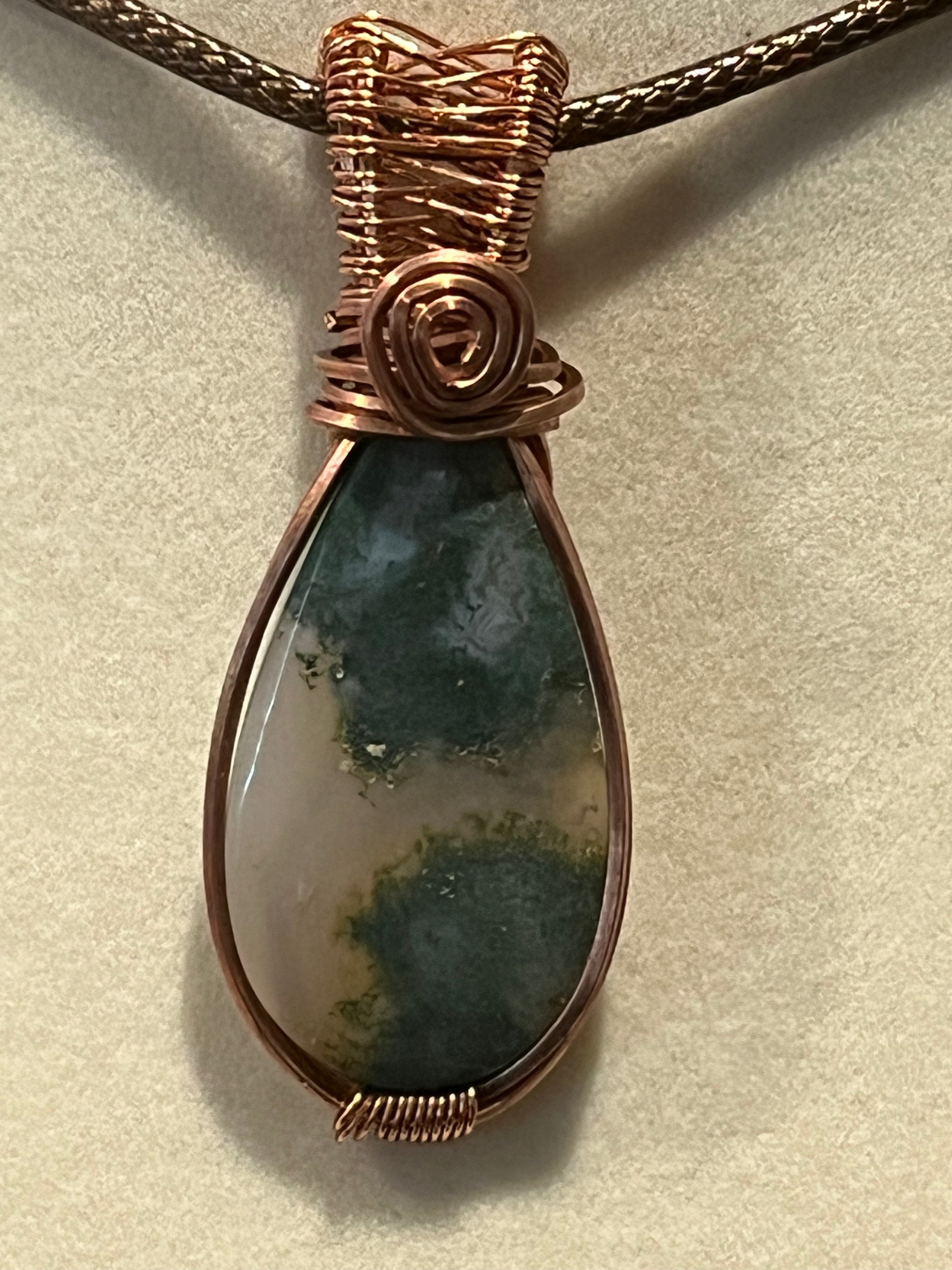 Moss Agate copper wire-wrapped pendant