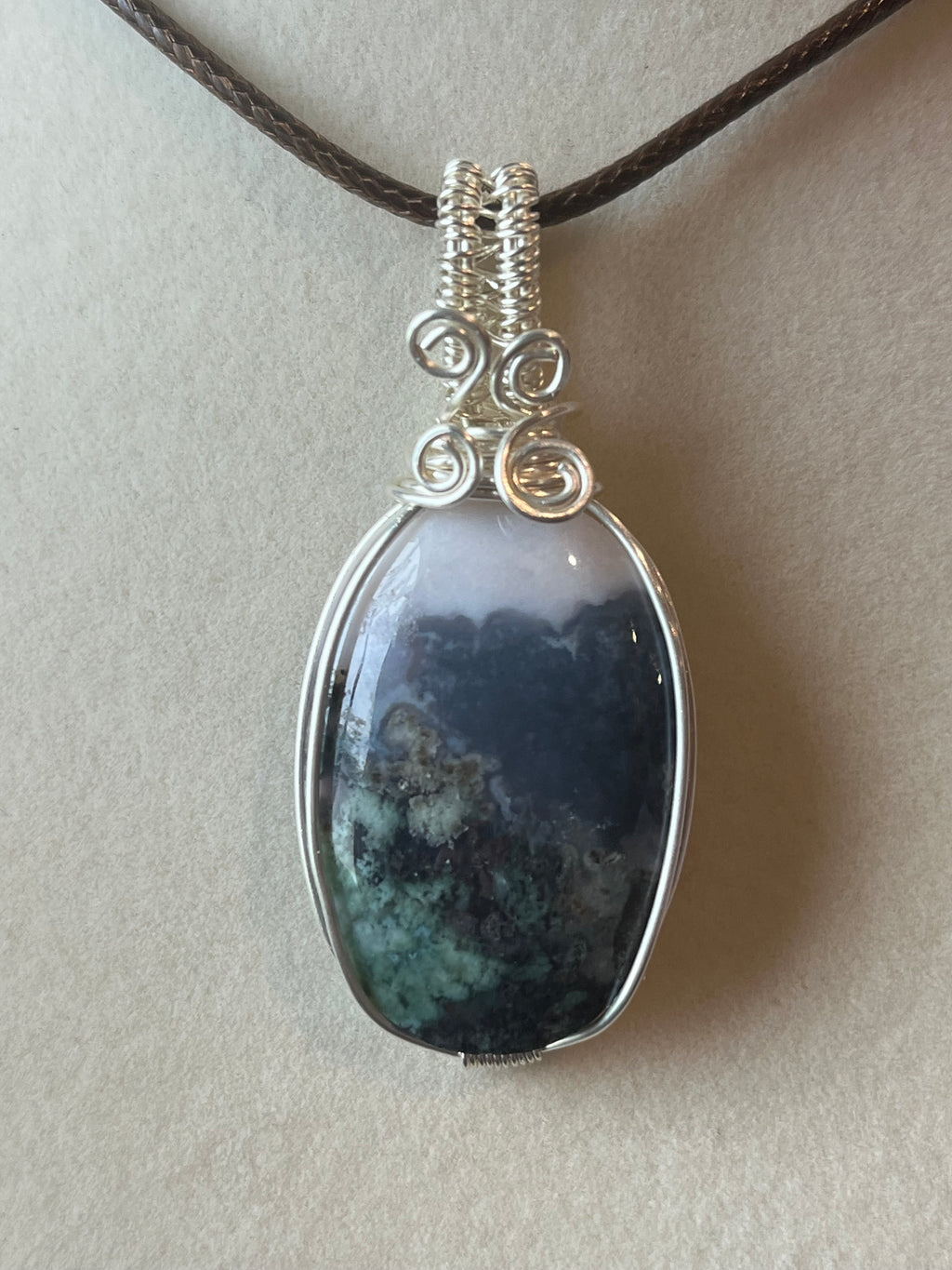 Plume Agate & Moss Agate silver-tone coated copper wire-wrapped pendant