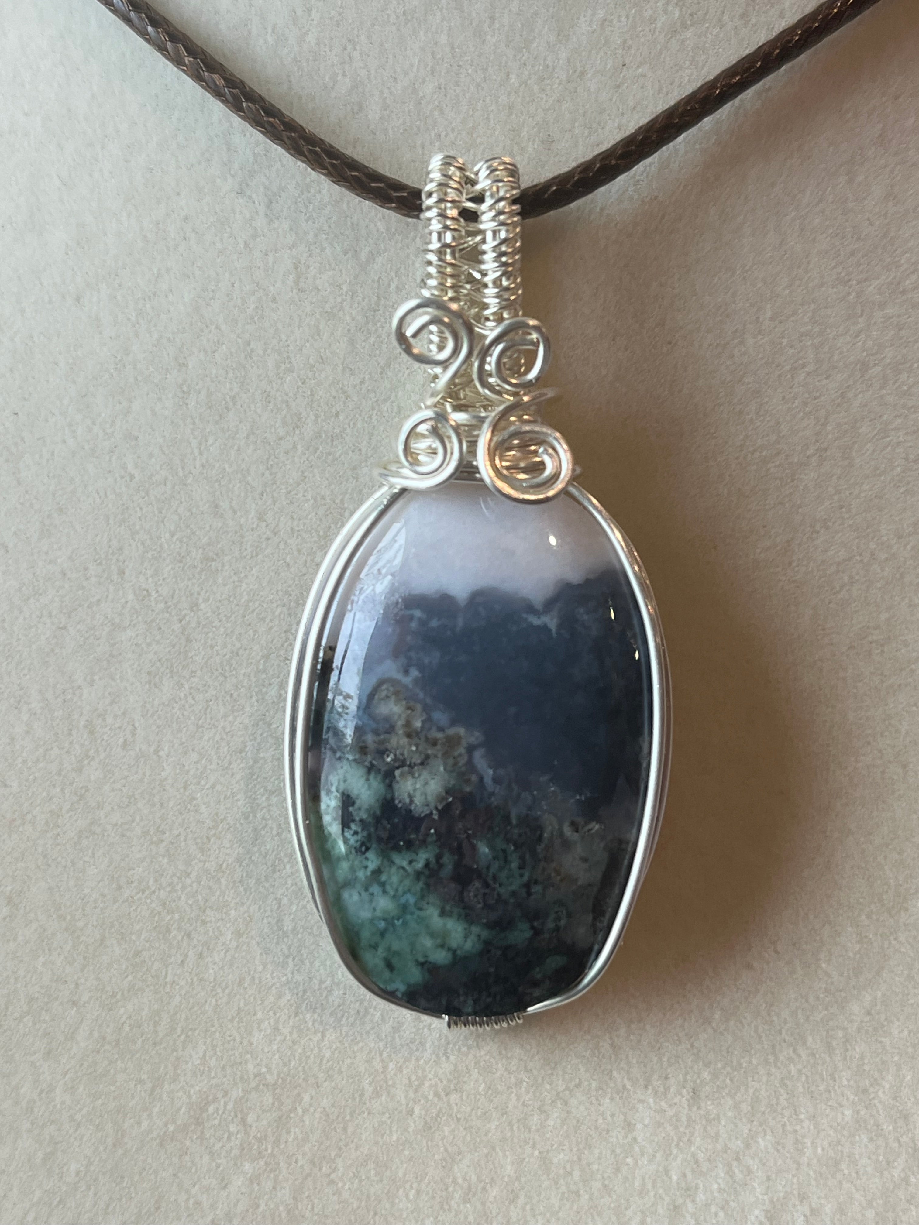 Plume Agate & Moss Agate silver-tone coated copper wire-wrapped pendant