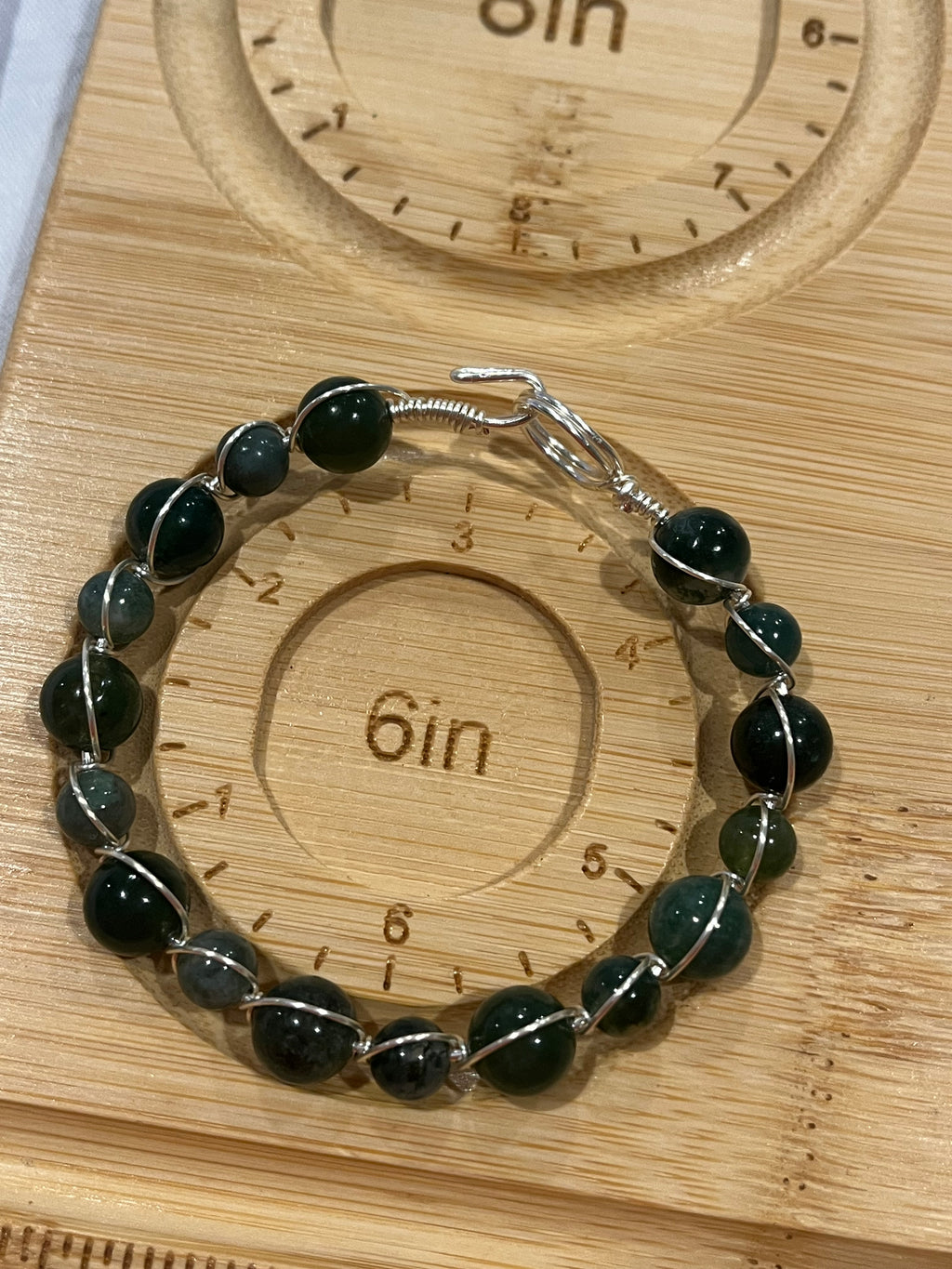 Moss Agate 6 in silver-tone copper wire-wrapped bracelet