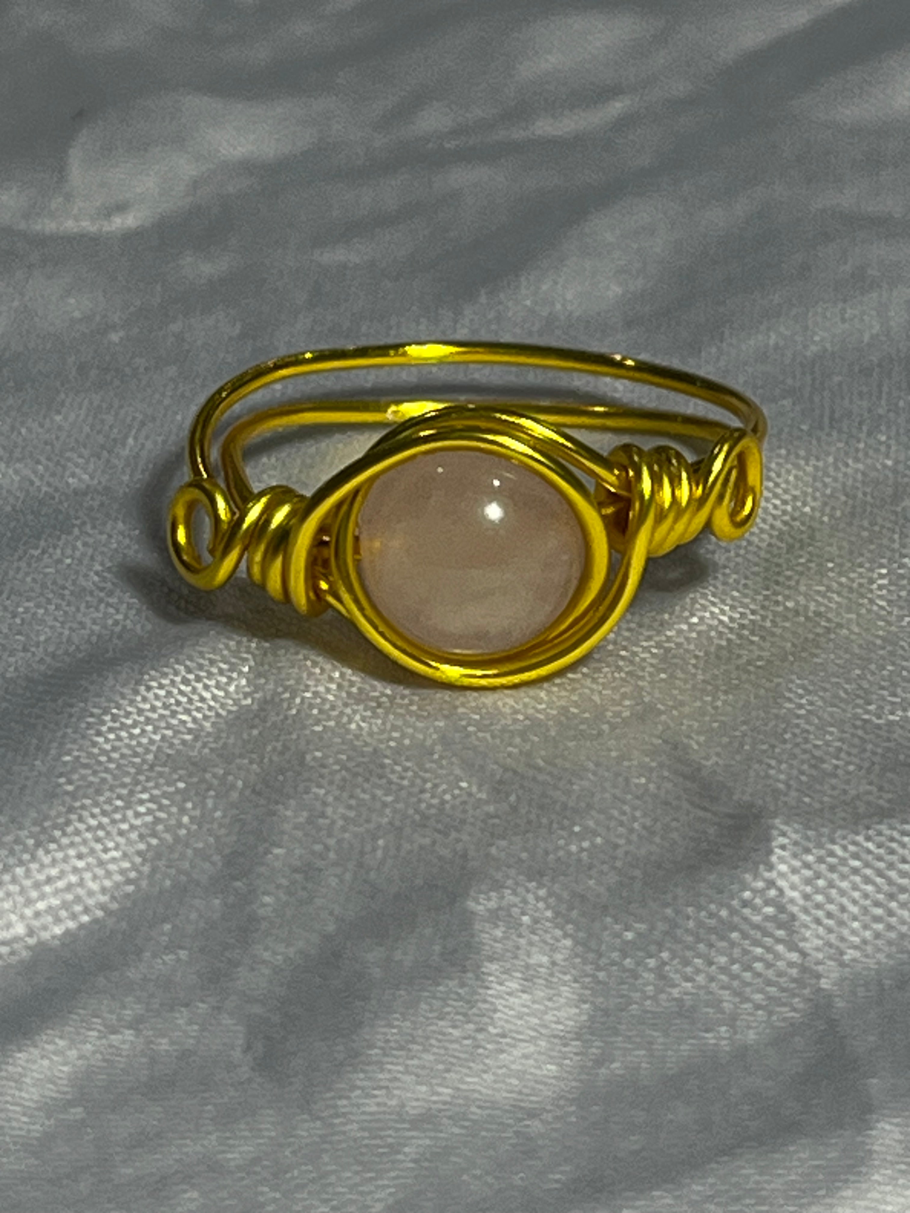 Rose Quartz size 9 gold-tone copper wire-wrapped rings