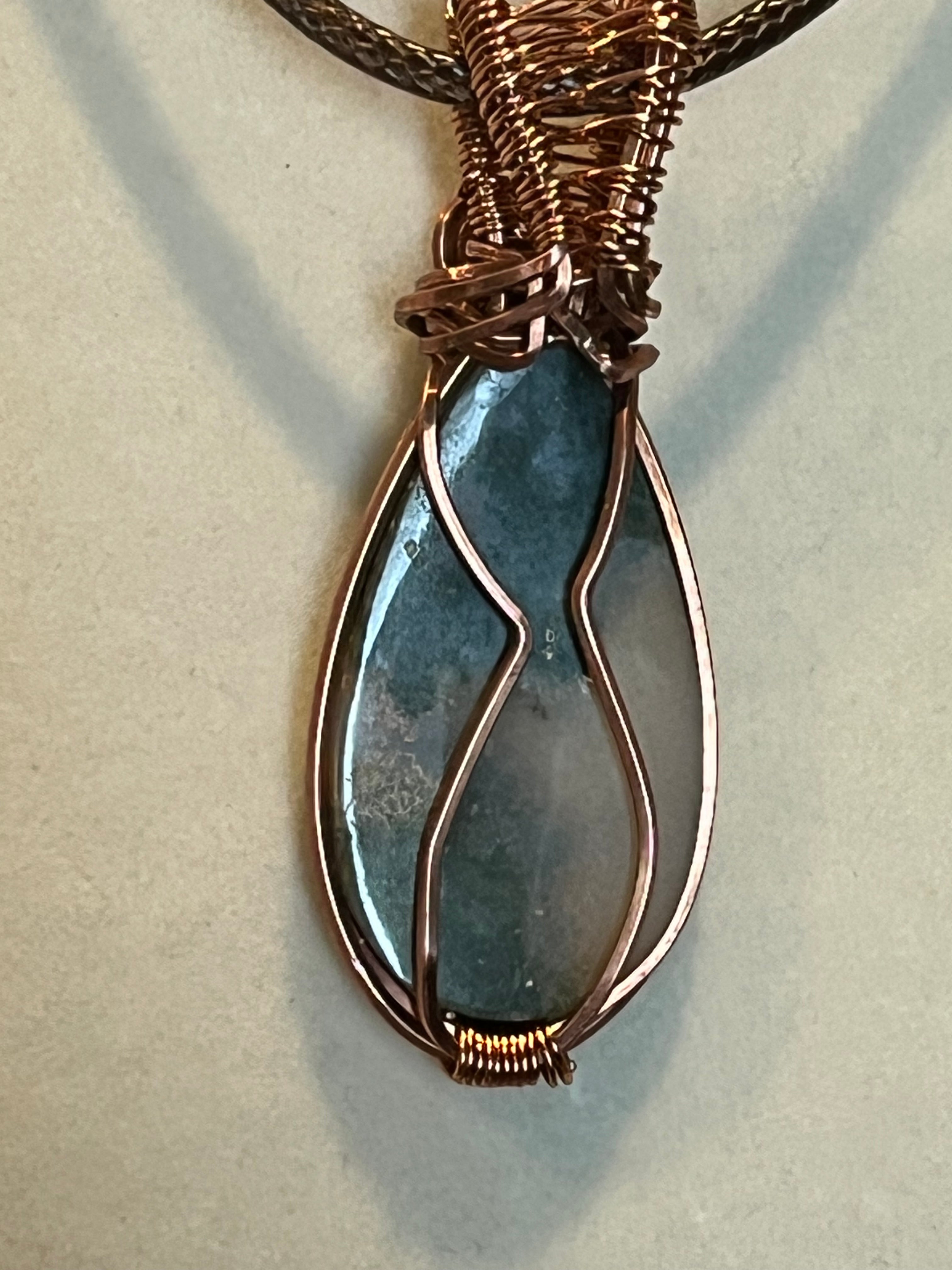 Moss Agate copper wire-wrapped pendant
