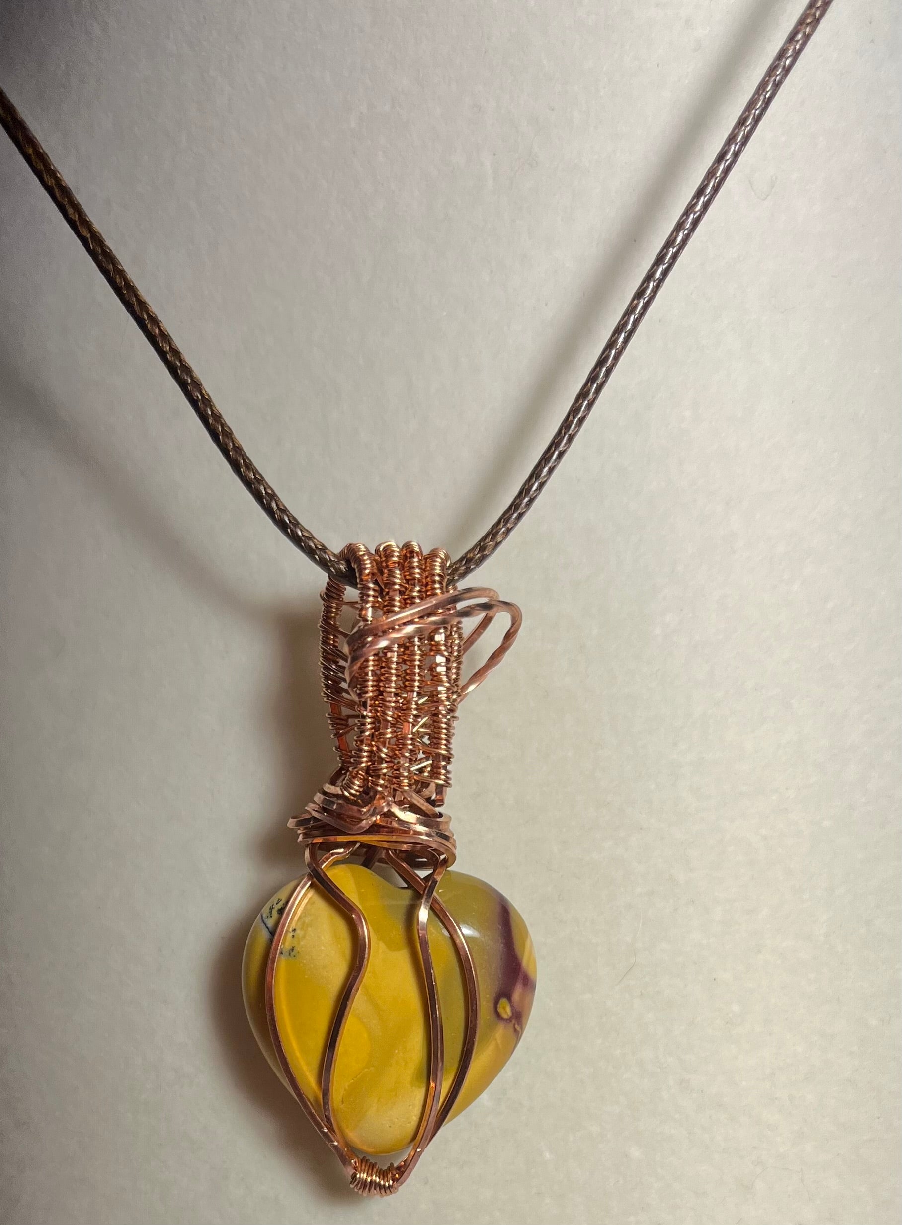 Mookaite heart & Clear Quartz copper wire-wrapped pendant