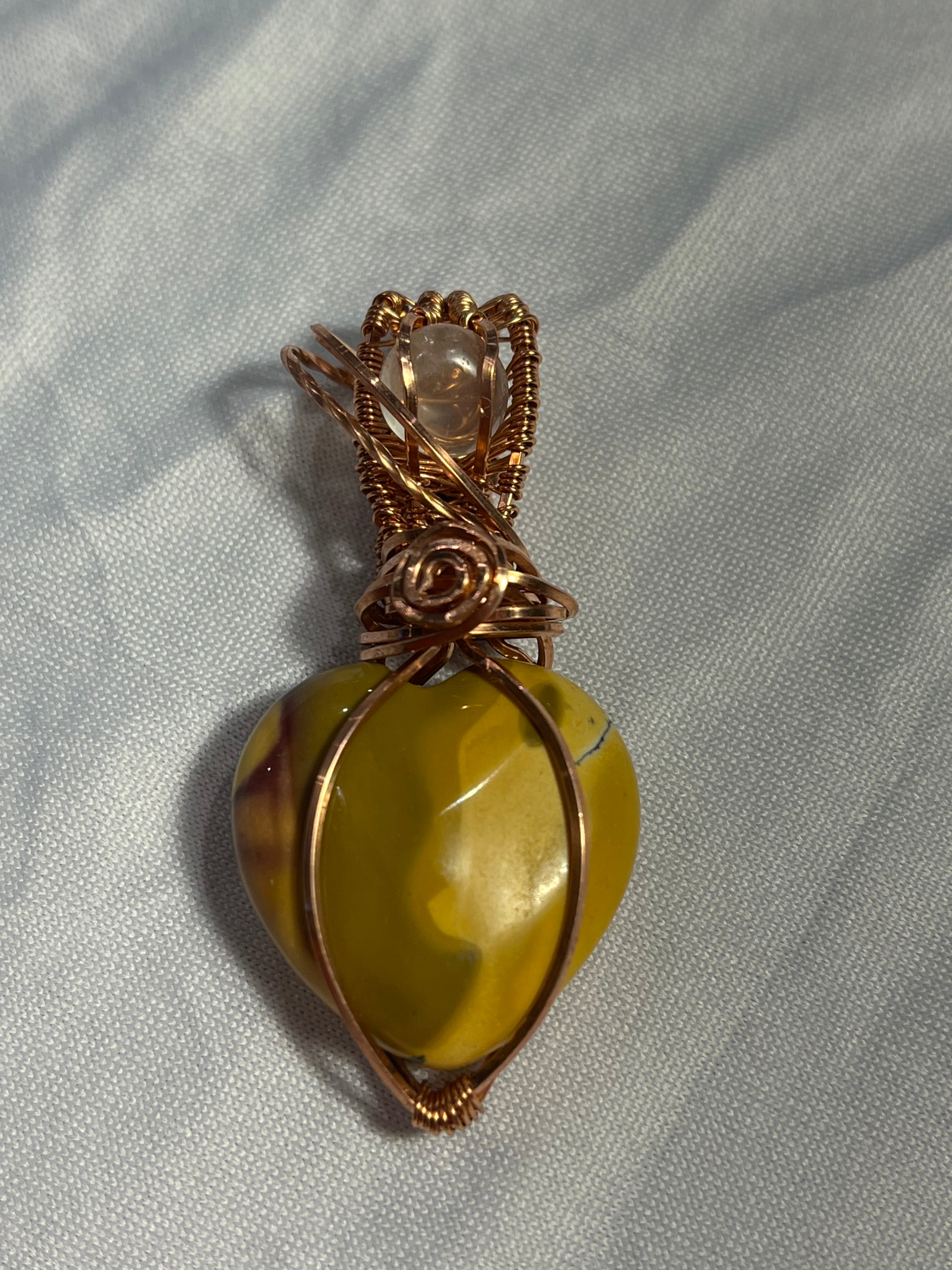 Mookaite heart & Clear Quartz copper wire-wrapped pendant