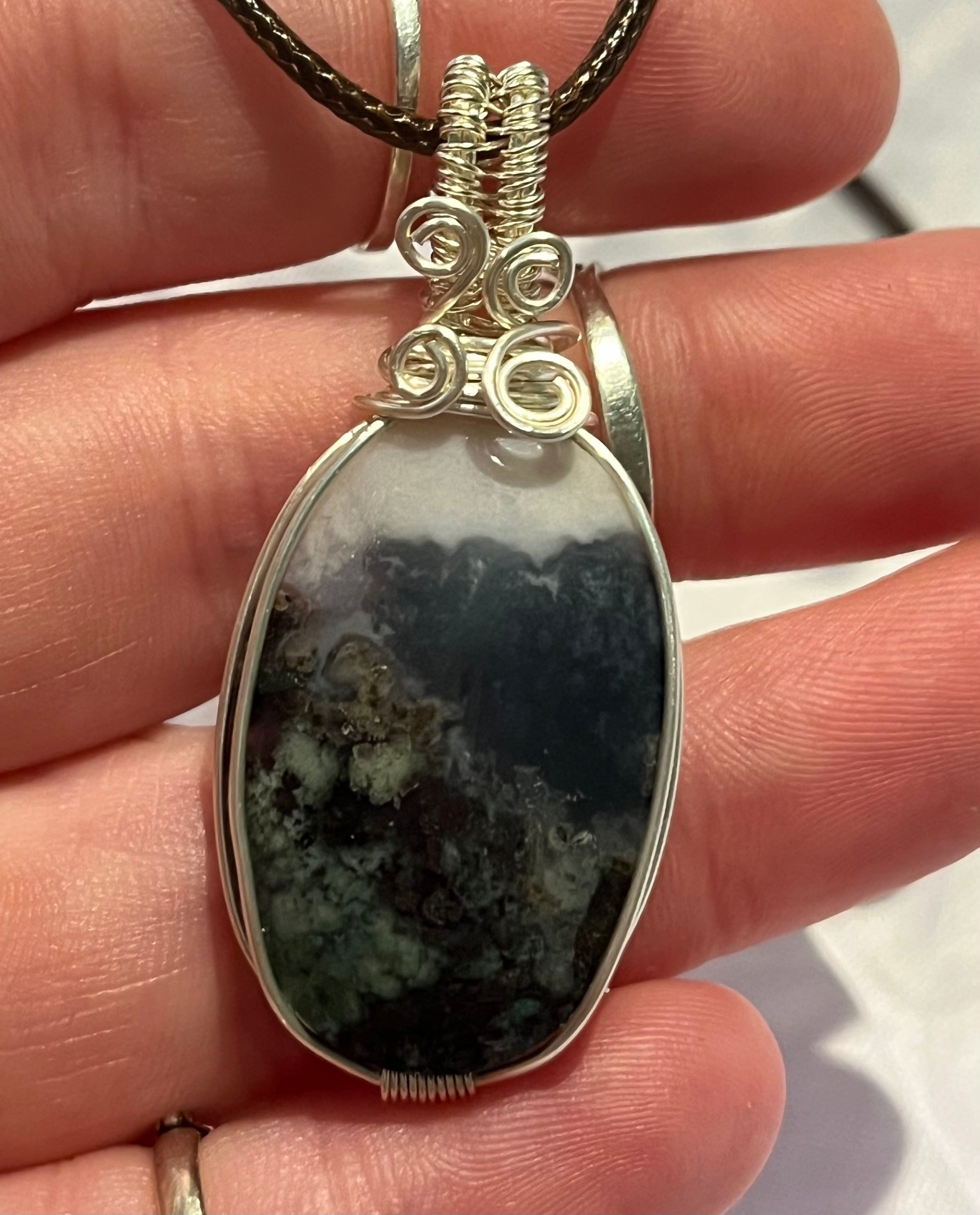 Plume Agate & Moss Agate silver-tone coated copper wire-wrapped pendant