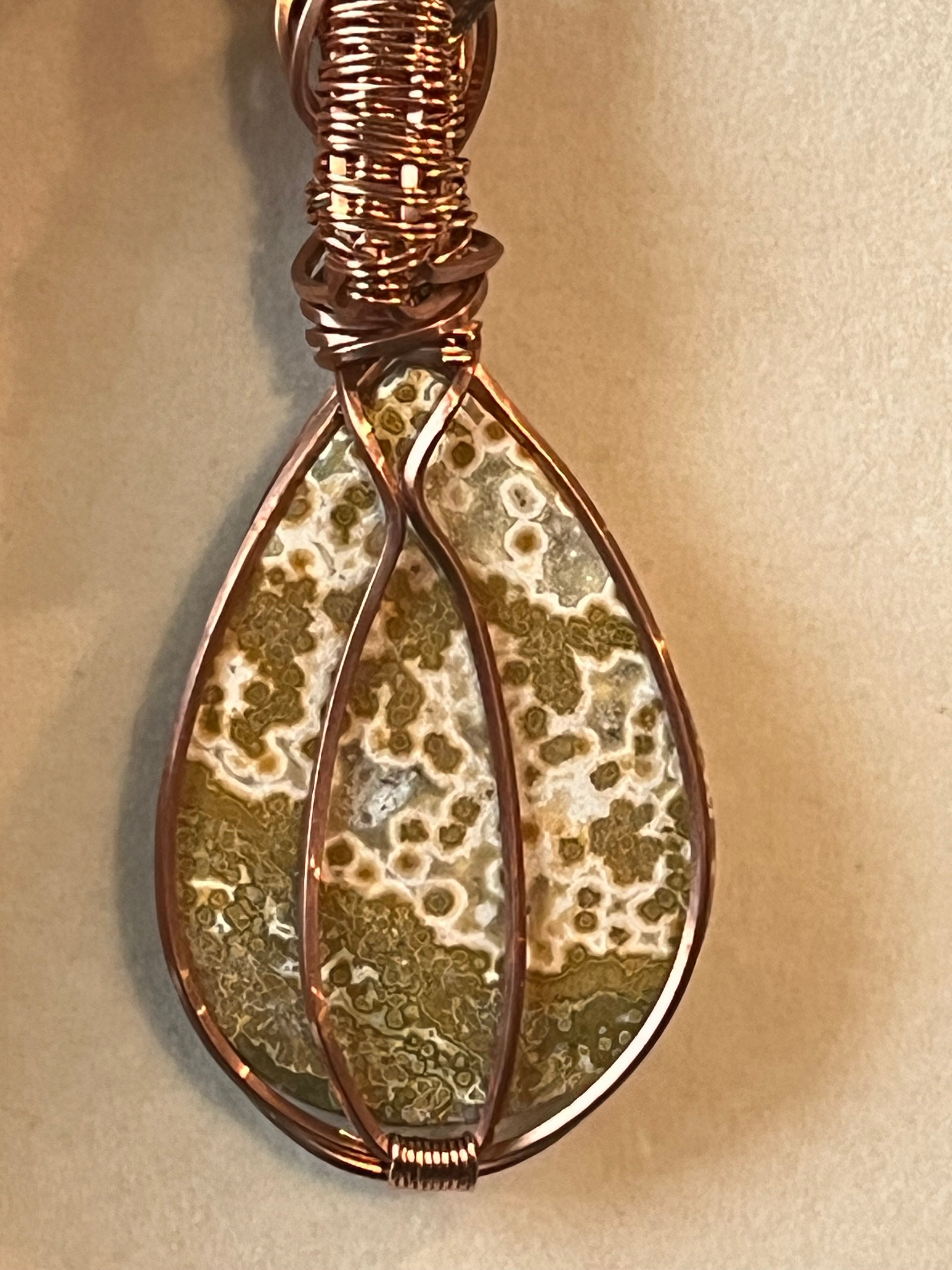 Orbicular Jasper copper wire-wrapped pendant