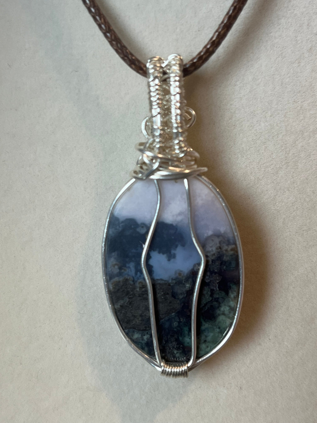 Plume Agate & Moss Agate silver-tone coated copper wire-wrapped pendant