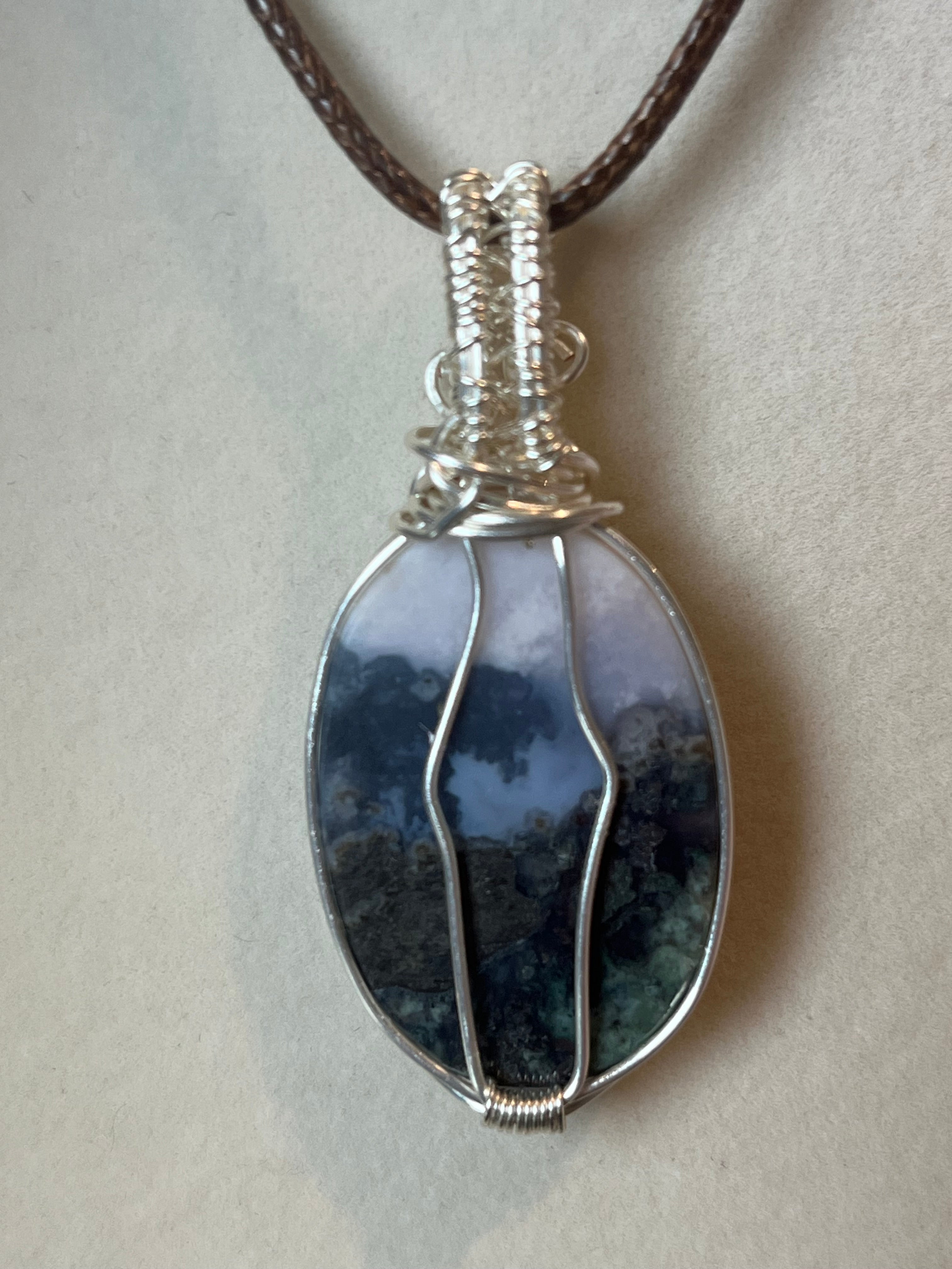 Plume Agate & Moss Agate silver-tone coated copper wire-wrapped pendant